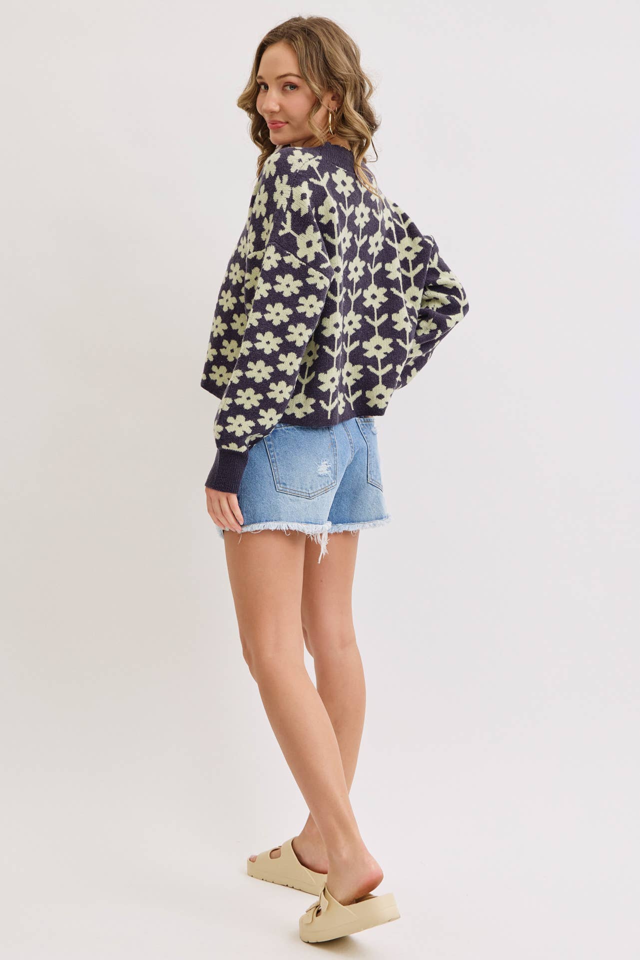 COZY PLAYFUL CASUAL FLORAL PRINT SWEATER KNIT CARDIGAN