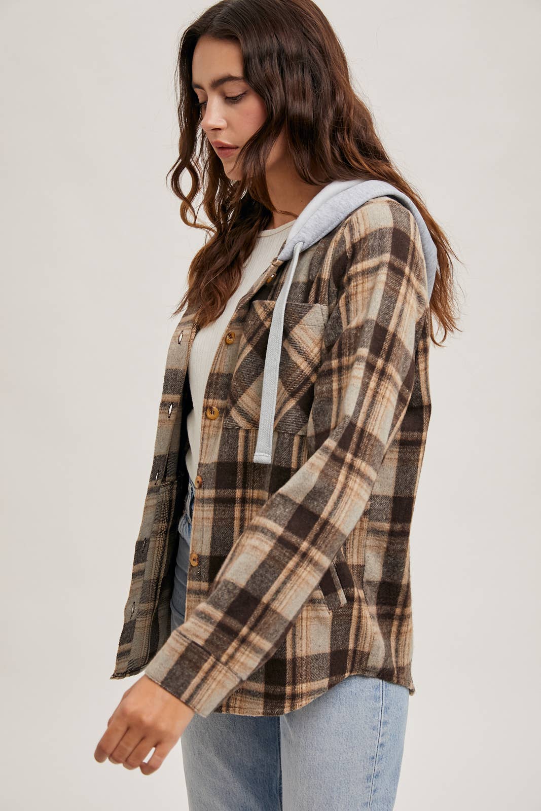 HOODED FLANNEL BUTTON FRONT SHIRT JACKET
