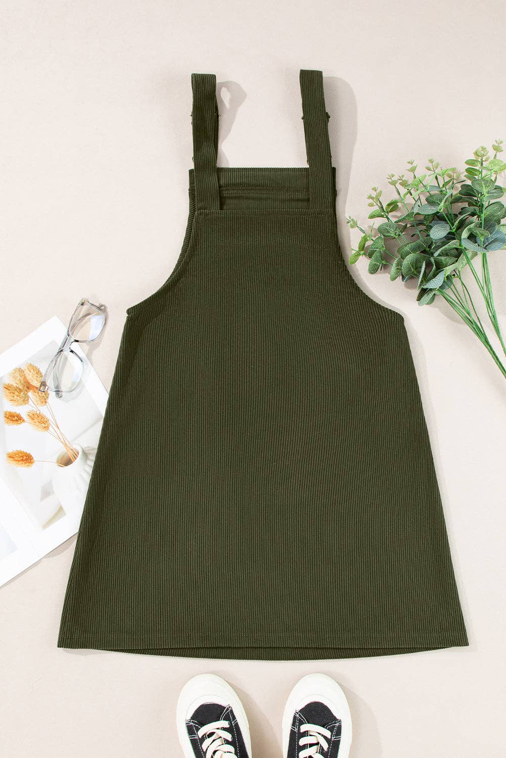 SOLID FRONT POCKETS CORDUROY OVERALL DRESS