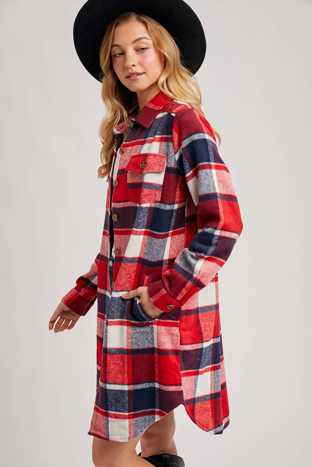 Bluivy - FLANNEL PLAID LONGLINE SHACKET: GREEN PLAID / M