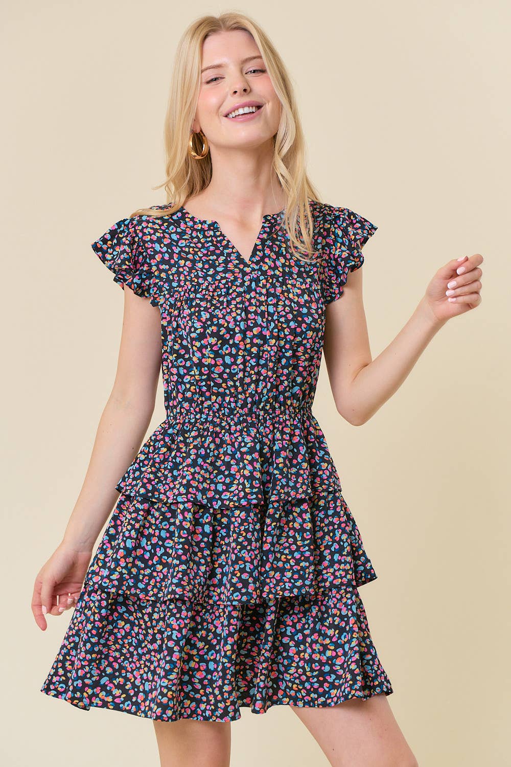 Split Ruffled Sleeve Tiered Bottom Mini Dress