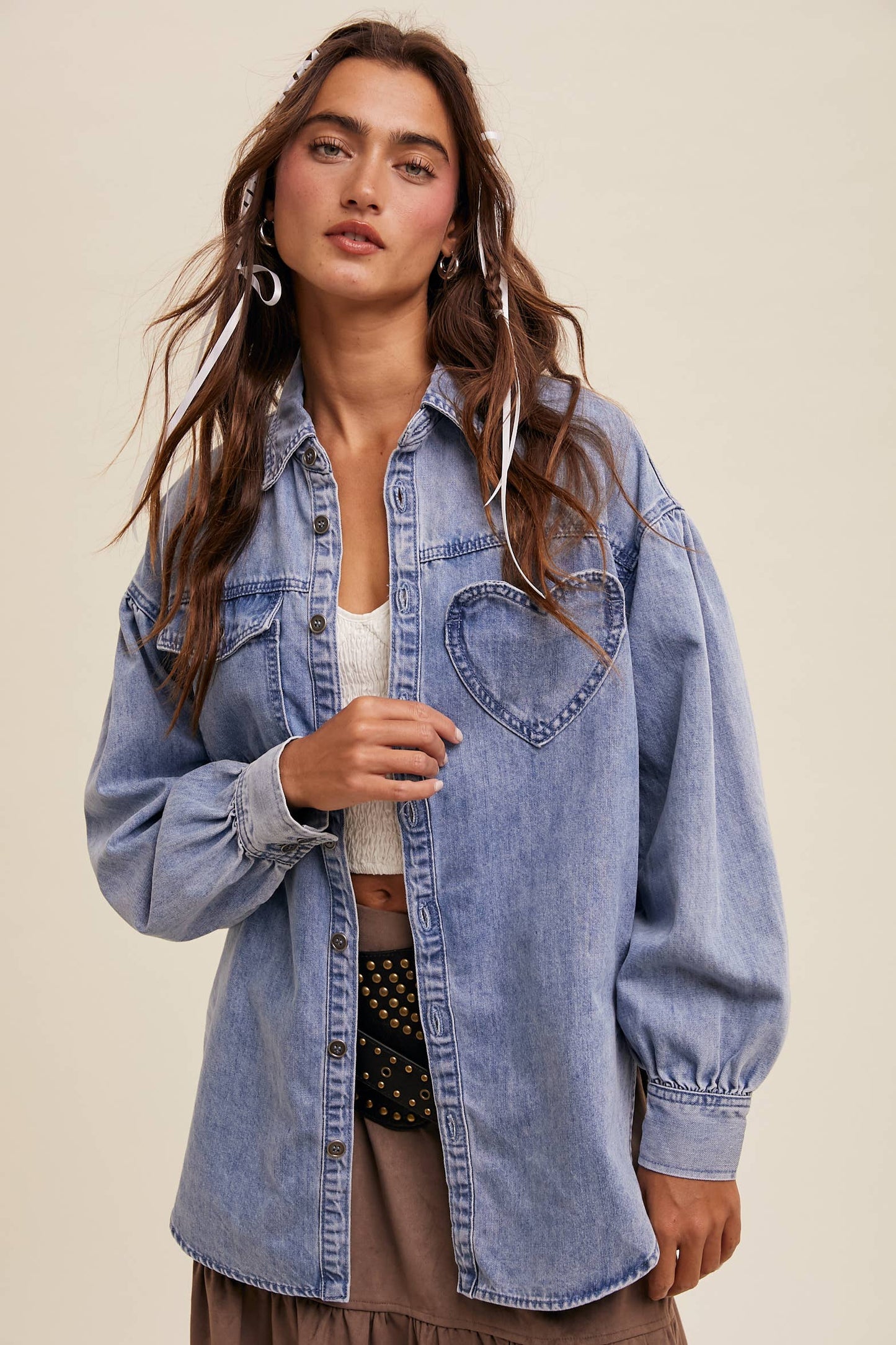 HEART DETAIL OVERSIZED DENIM SHIRT