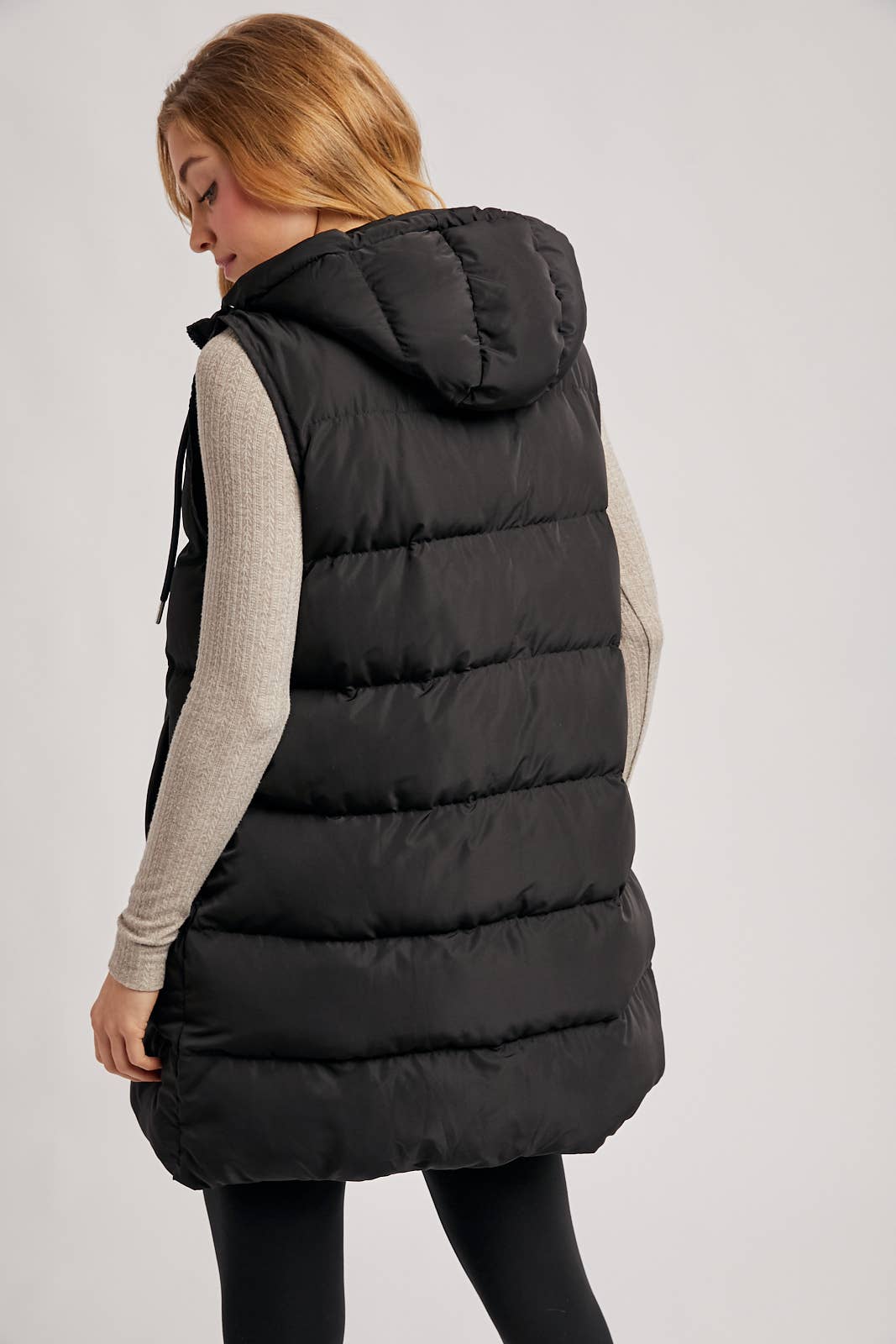 BLACK OR BEIGE HOODED ZIPPER DOWN LONGLINE PUFFER VEST