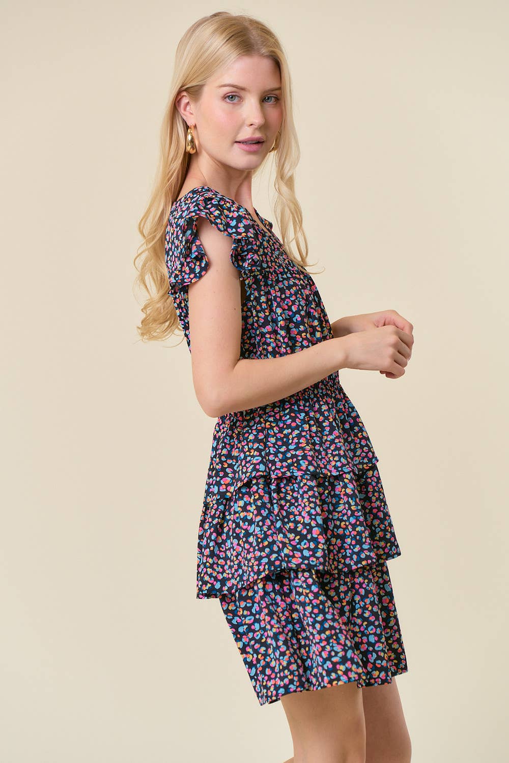 Split Ruffled Sleeve Tiered Bottom Mini Dress