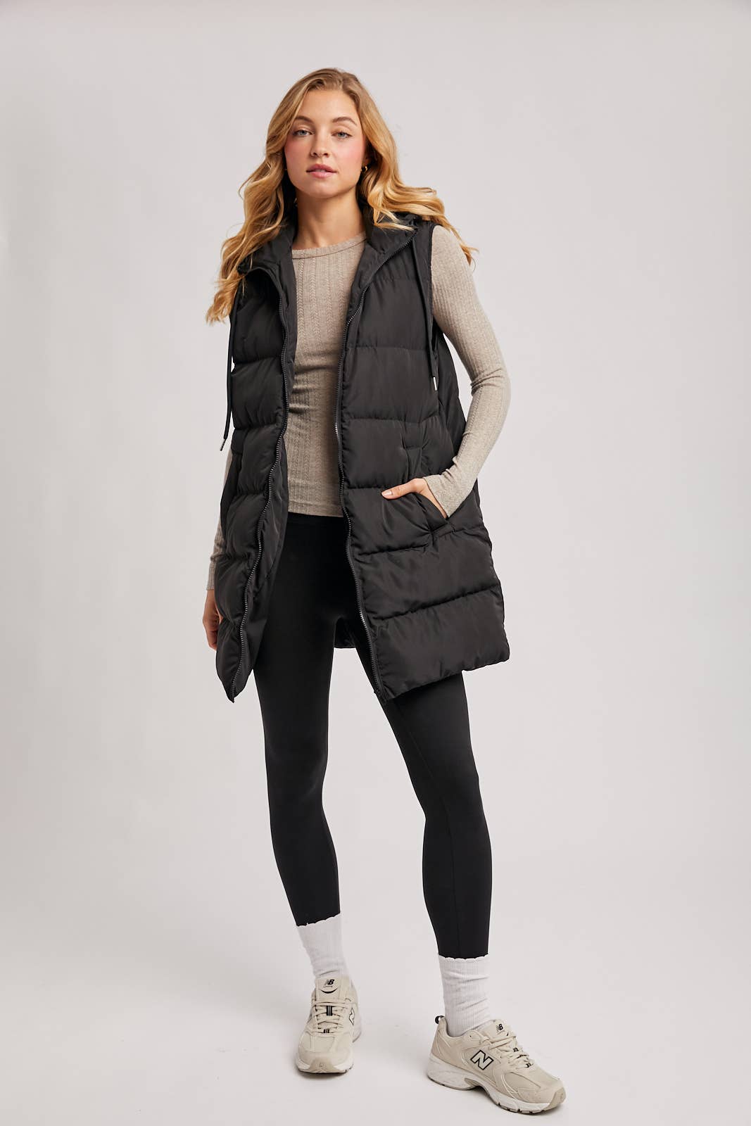 BLACK OR BEIGE HOODED ZIPPER DOWN LONGLINE PUFFER VEST