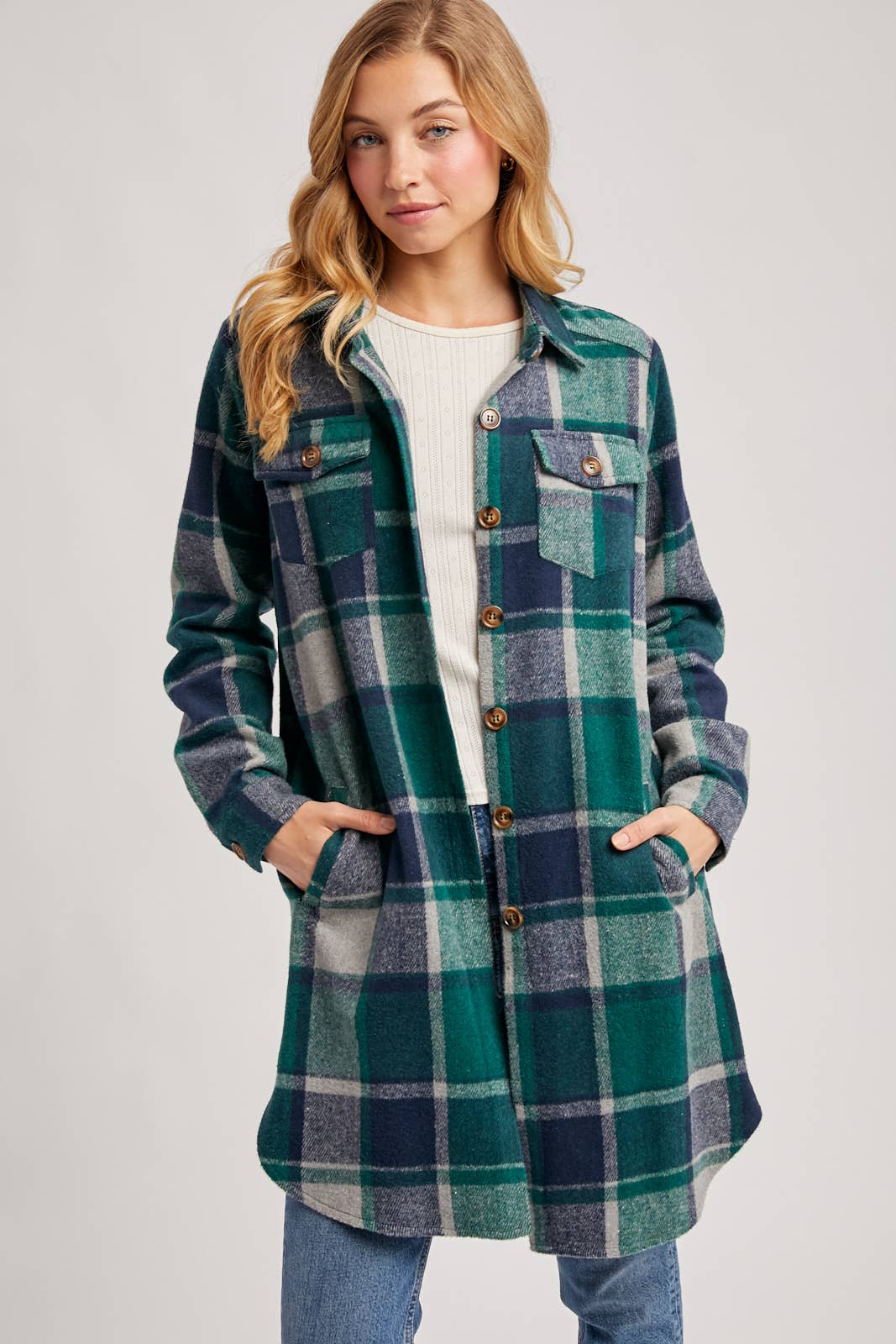 Bluivy - FLANNEL PLAID LONGLINE SHACKET: GREEN PLAID / M