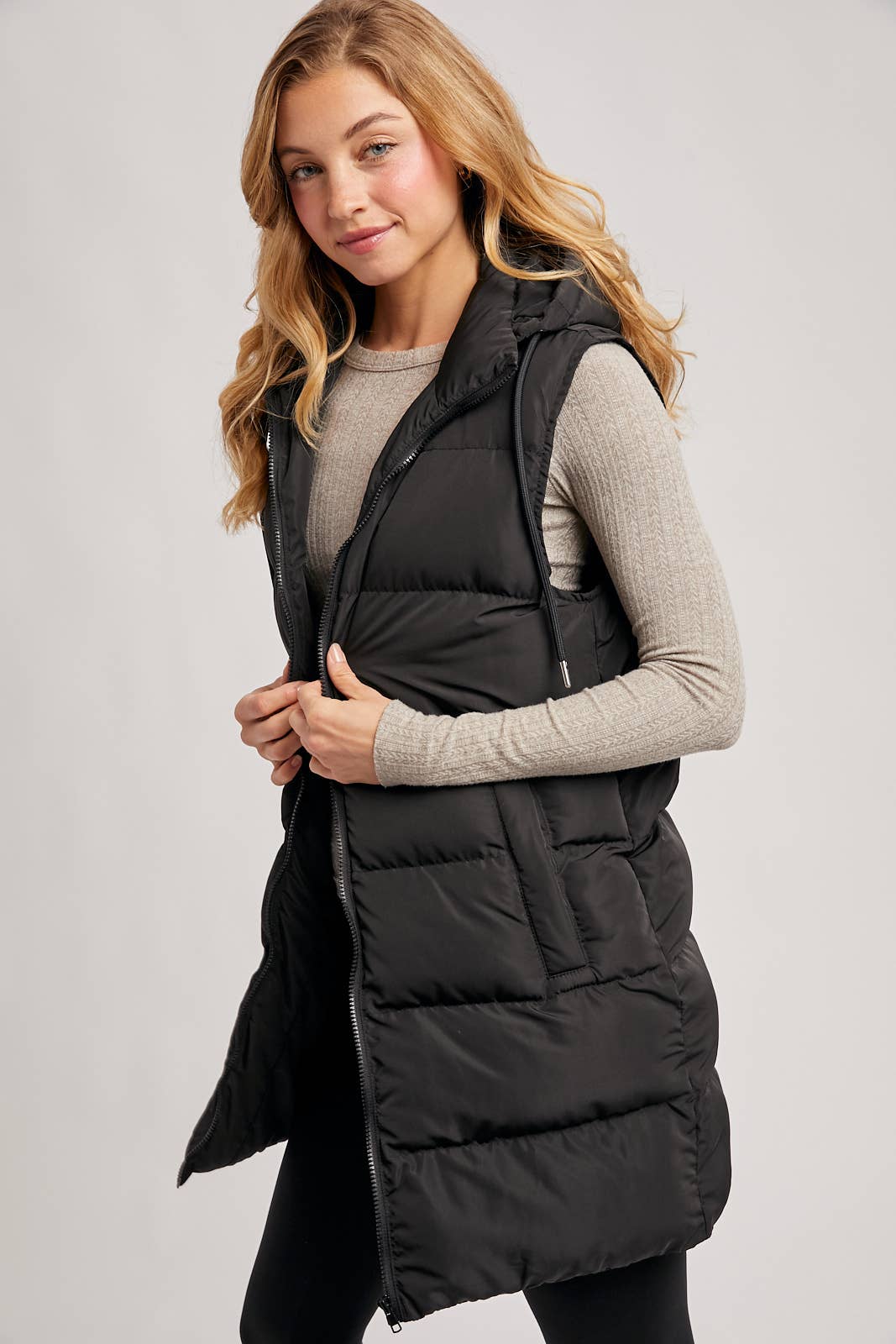 BLACK OR BEIGE HOODED ZIPPER DOWN LONGLINE PUFFER VEST