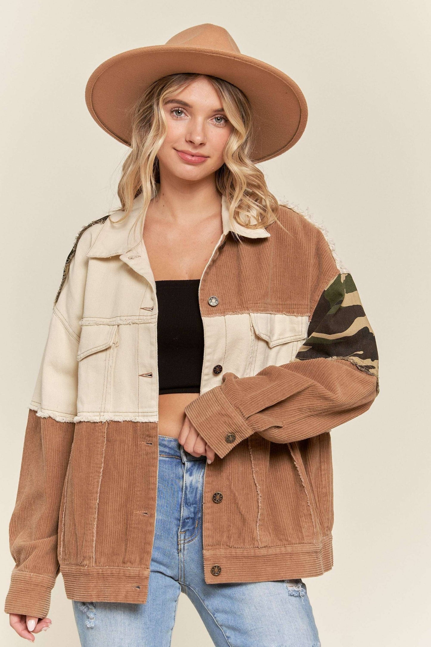 NOT YOUR HUSBAND'S BUTTON DOWN JACKET WITH CAMO ACCENT