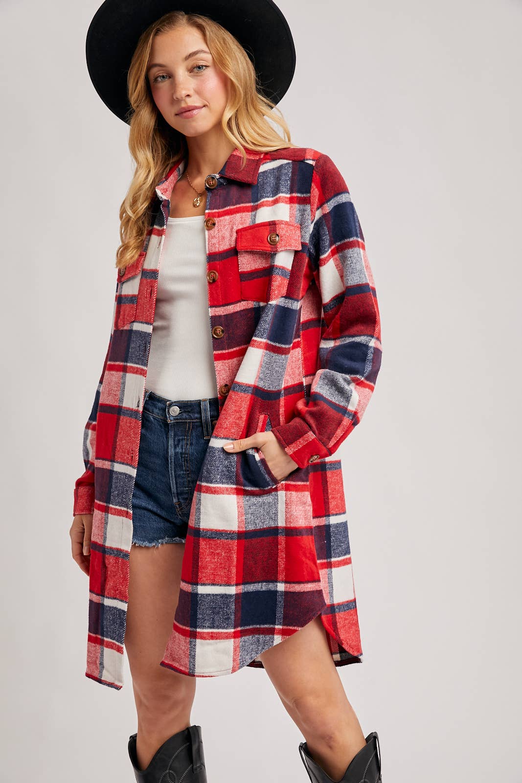 Bluivy - FLANNEL PLAID LONGLINE SHACKET: GREEN PLAID / S