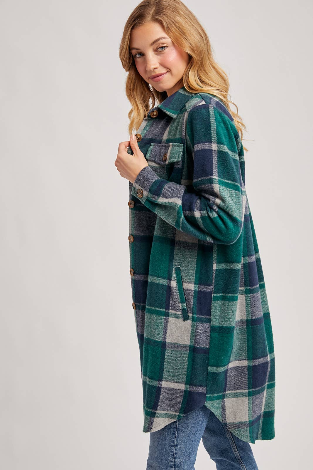 Bluivy - FLANNEL PLAID LONGLINE SHACKET: GREEN PLAID / L