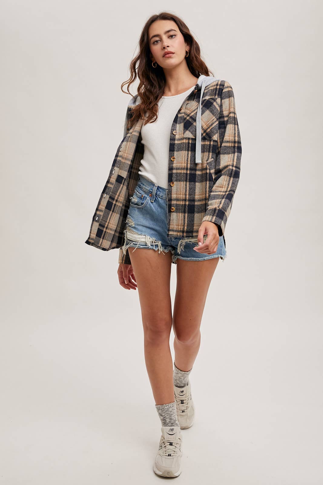 HOODED FLANNEL BUTTON FRONT SHIRT JACKET