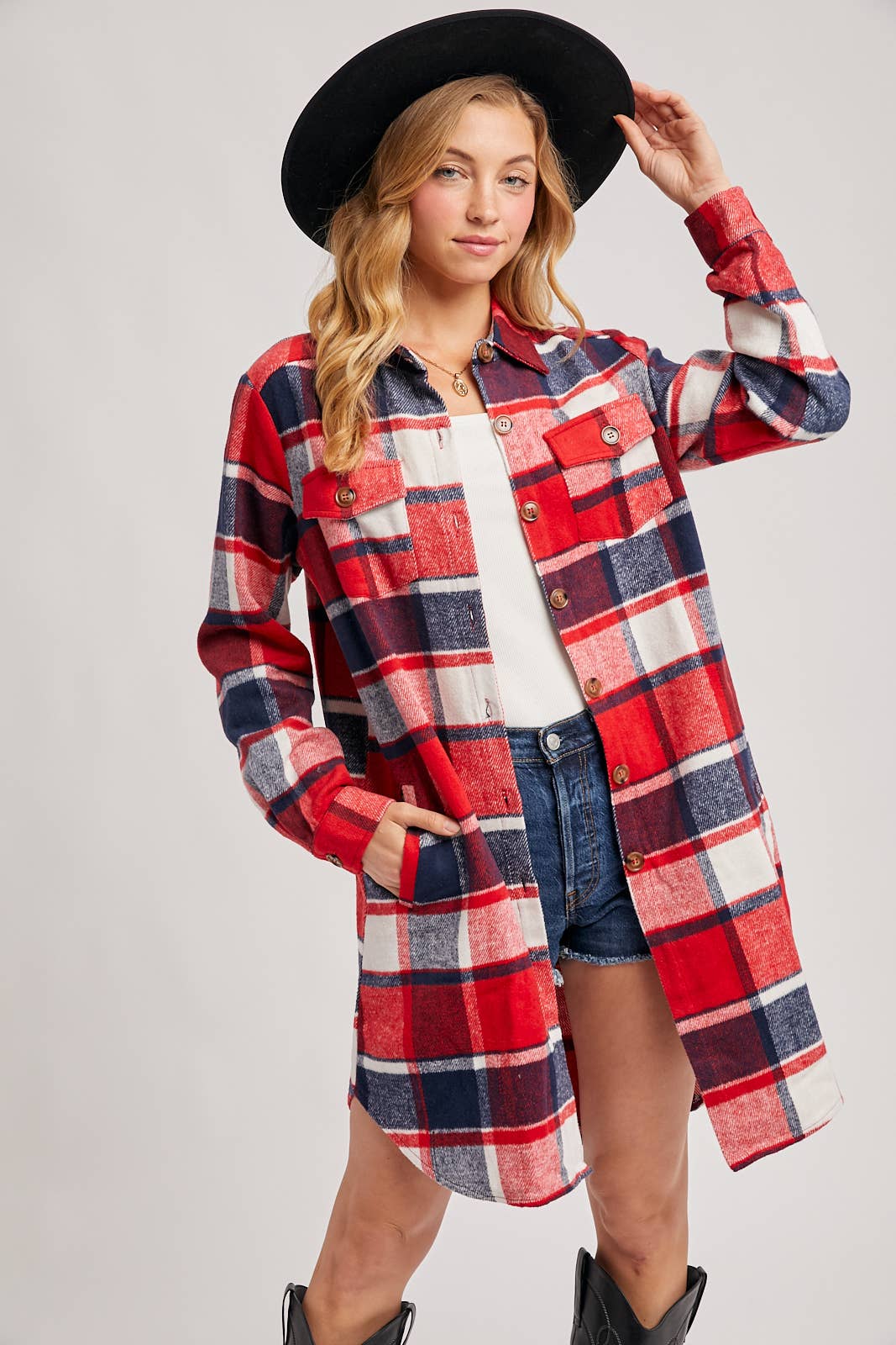 Bluivy - FLANNEL PLAID LONGLINE SHACKET: GREEN PLAID / S