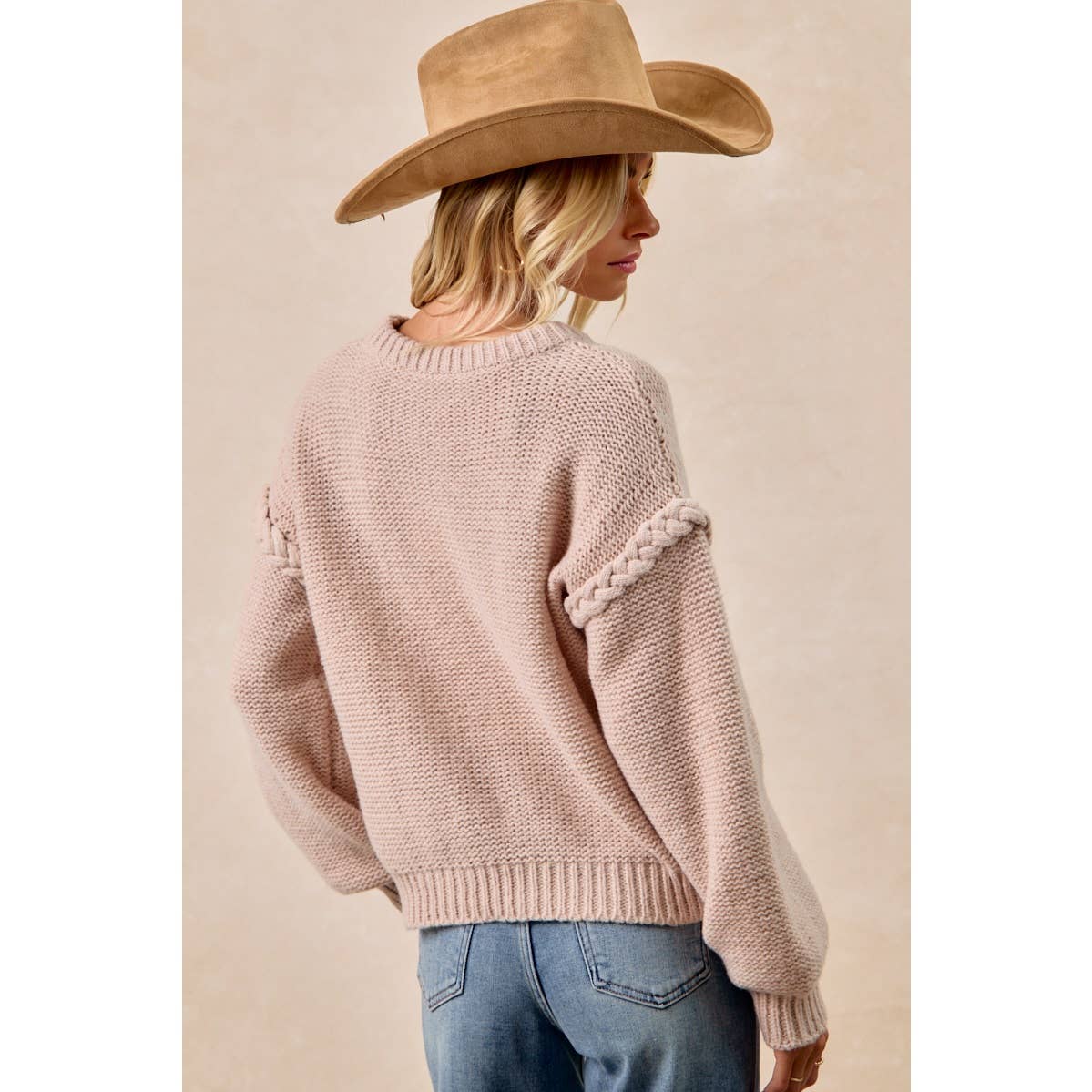 CABLE KNIT SWEATER TOP WITH SHOULDER BRAID DETAIL
