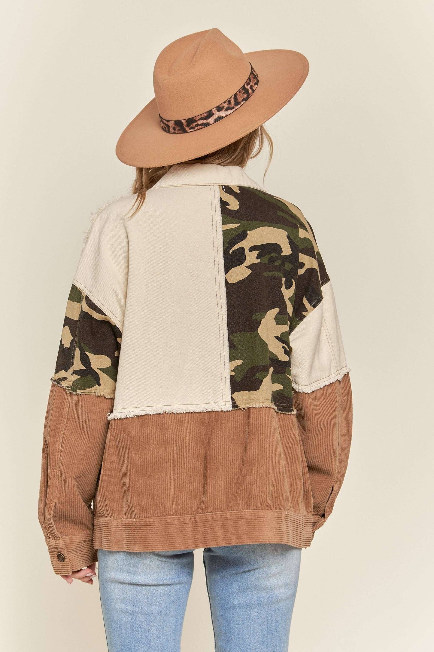 NOT YOUR HUSBAND'S BUTTON DOWN JACKET WITH CAMO ACCENT