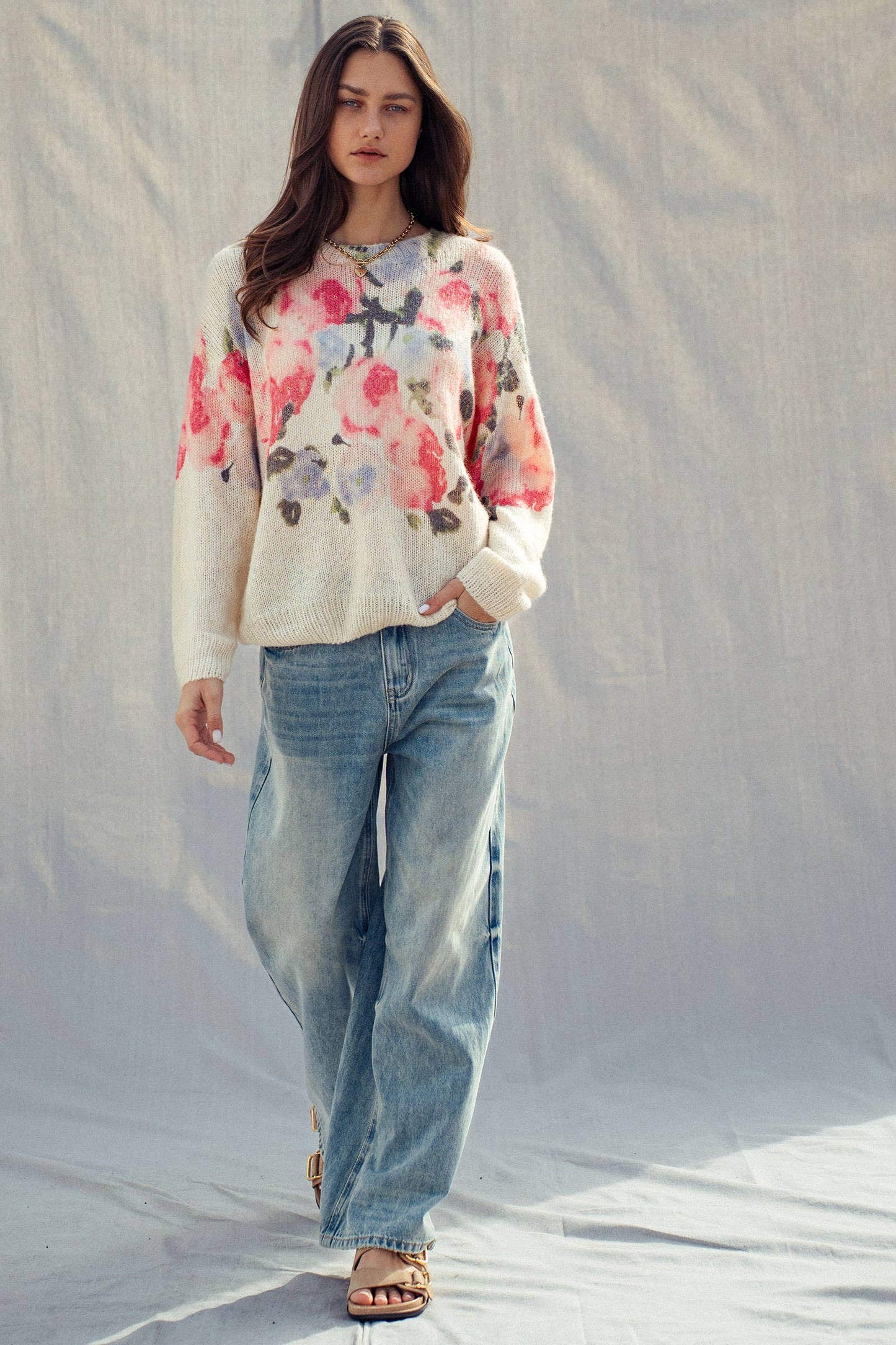 OVERSIZED FLORAL PRINT SOFT KNIT SWEATER