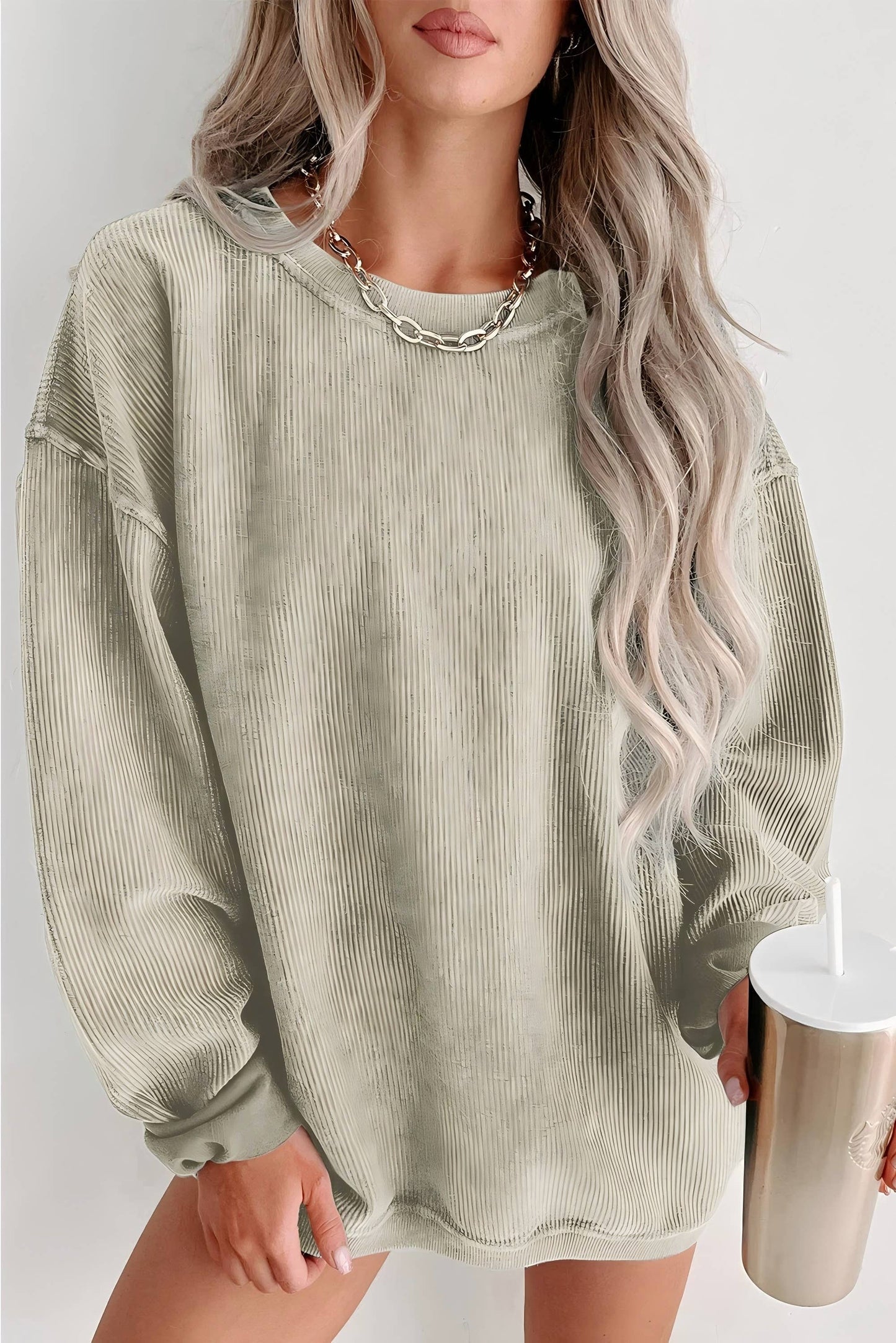 GREEN RIBBED KNIT ROUND NECK PULLOVER