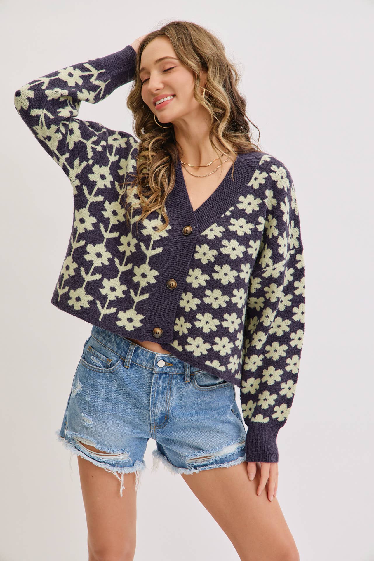 COZY PLAYFUL CASUAL FLORAL PRINT SWEATER KNIT CARDIGAN