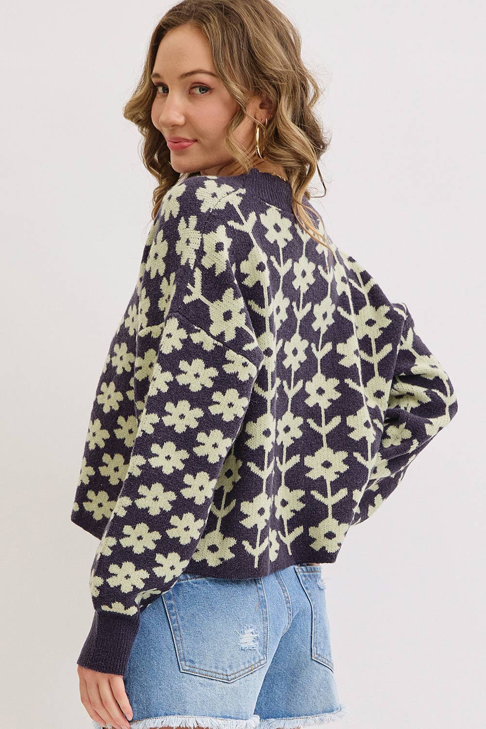 COZY PLAYFUL CASUAL FLORAL PRINT SWEATER KNIT CARDIGAN