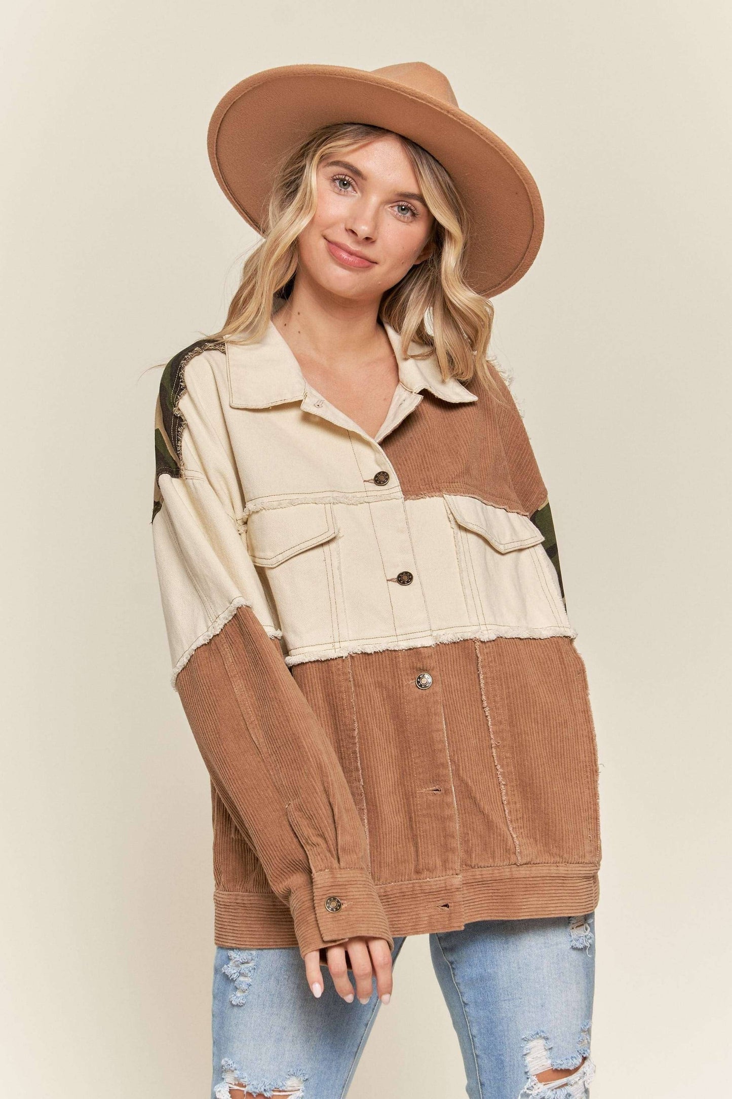 NOT YOUR HUSBAND'S BUTTON DOWN JACKET WITH CAMO ACCENT