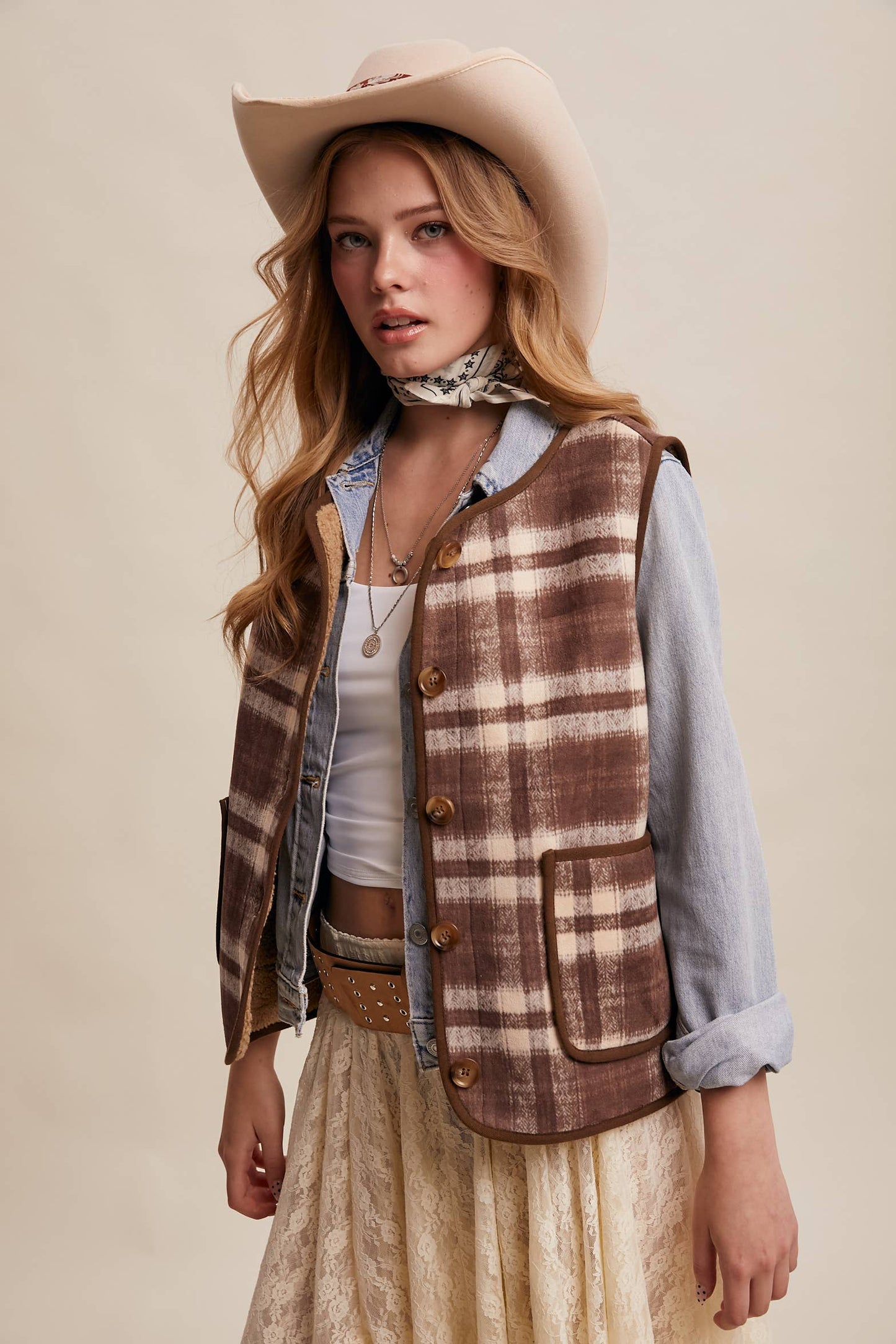 REVERSIBLE PLAID SHERPA VEST
