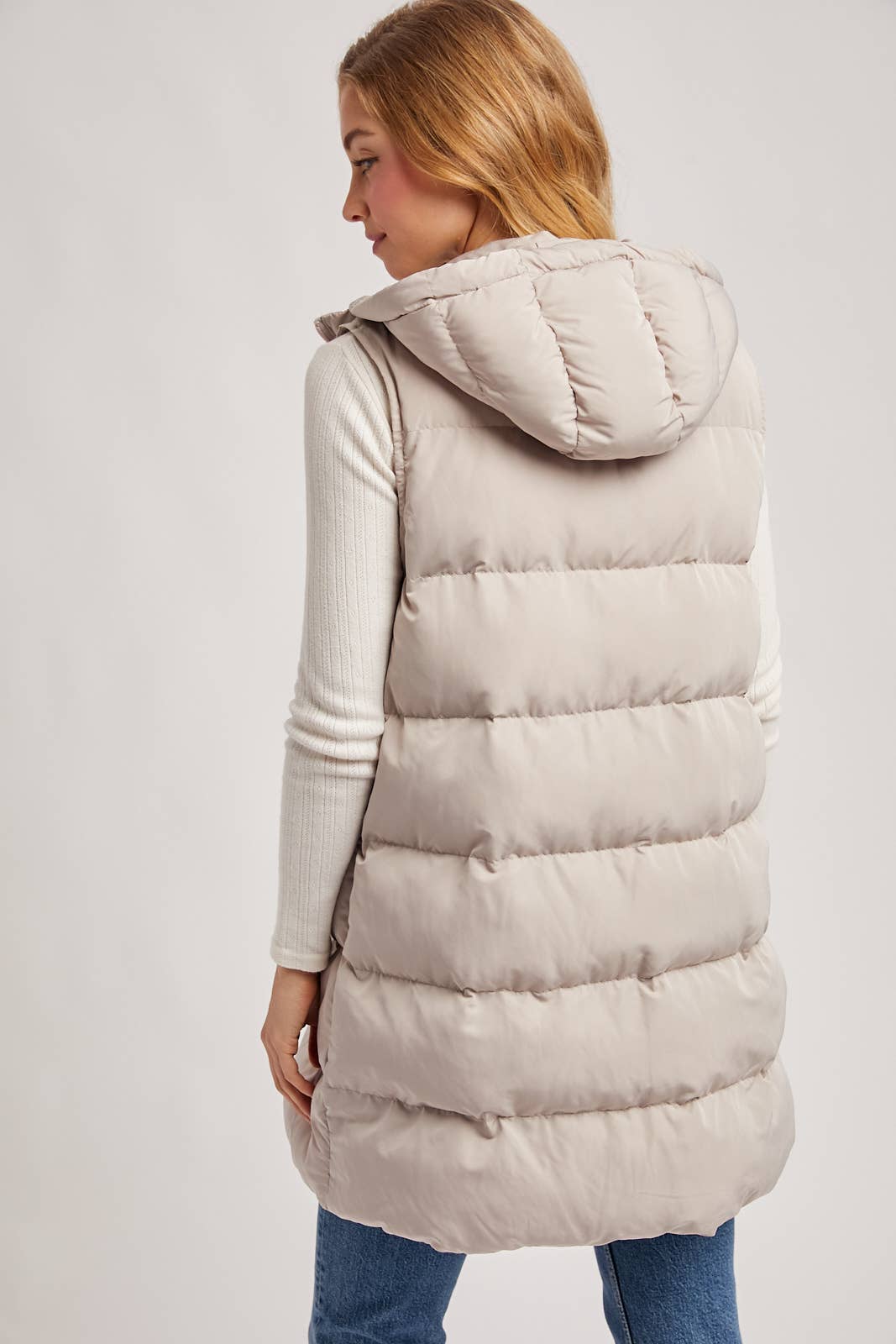 BLACK OR BEIGE HOODED ZIPPER DOWN LONGLINE PUFFER VEST