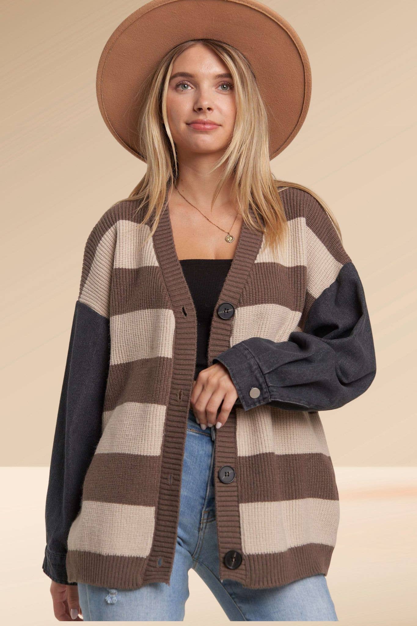 DENIM SLEEVE STRIPE SWEATER CARDIGAN