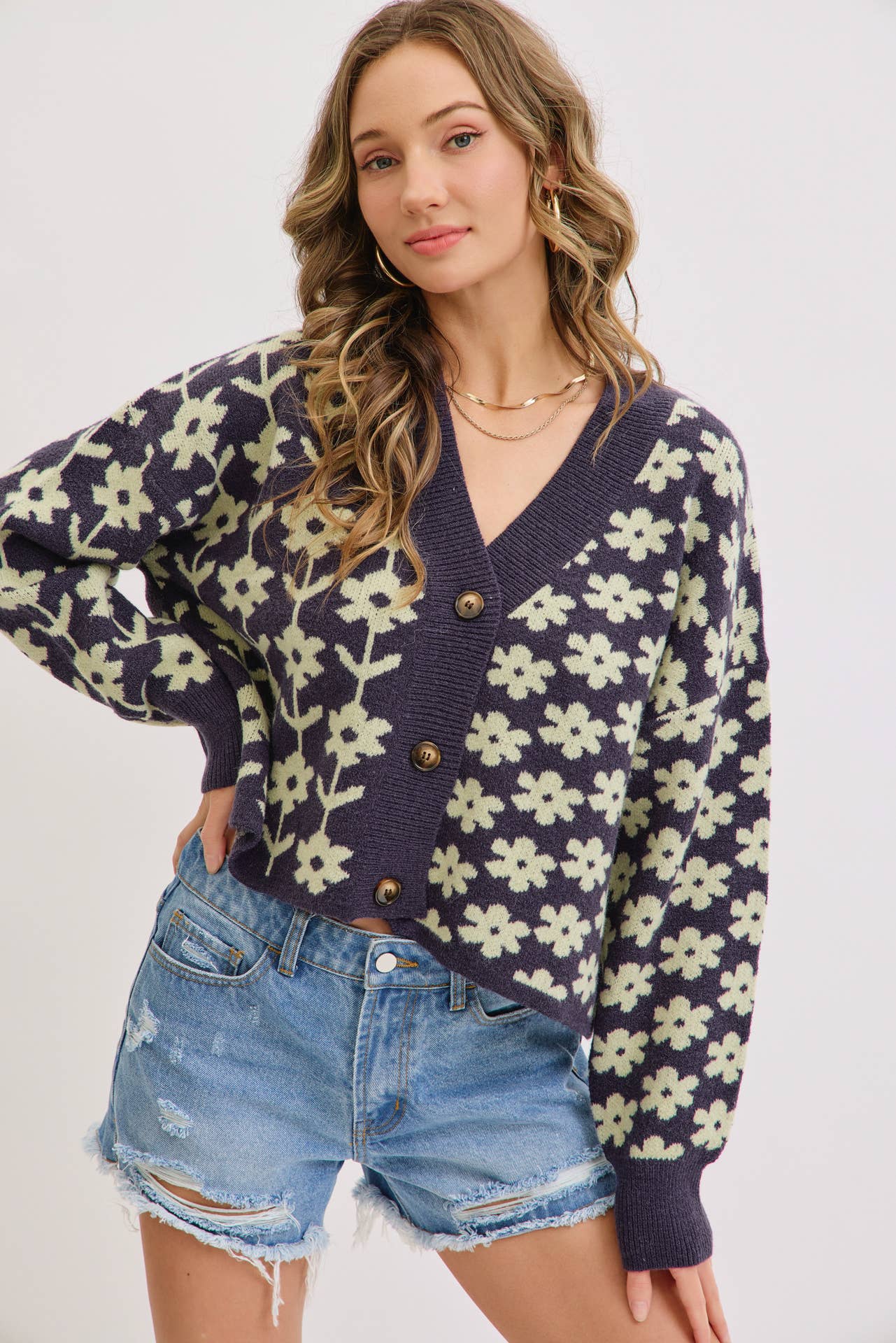 COZY PLAYFUL CASUAL FLORAL PRINT SWEATER KNIT CARDIGAN