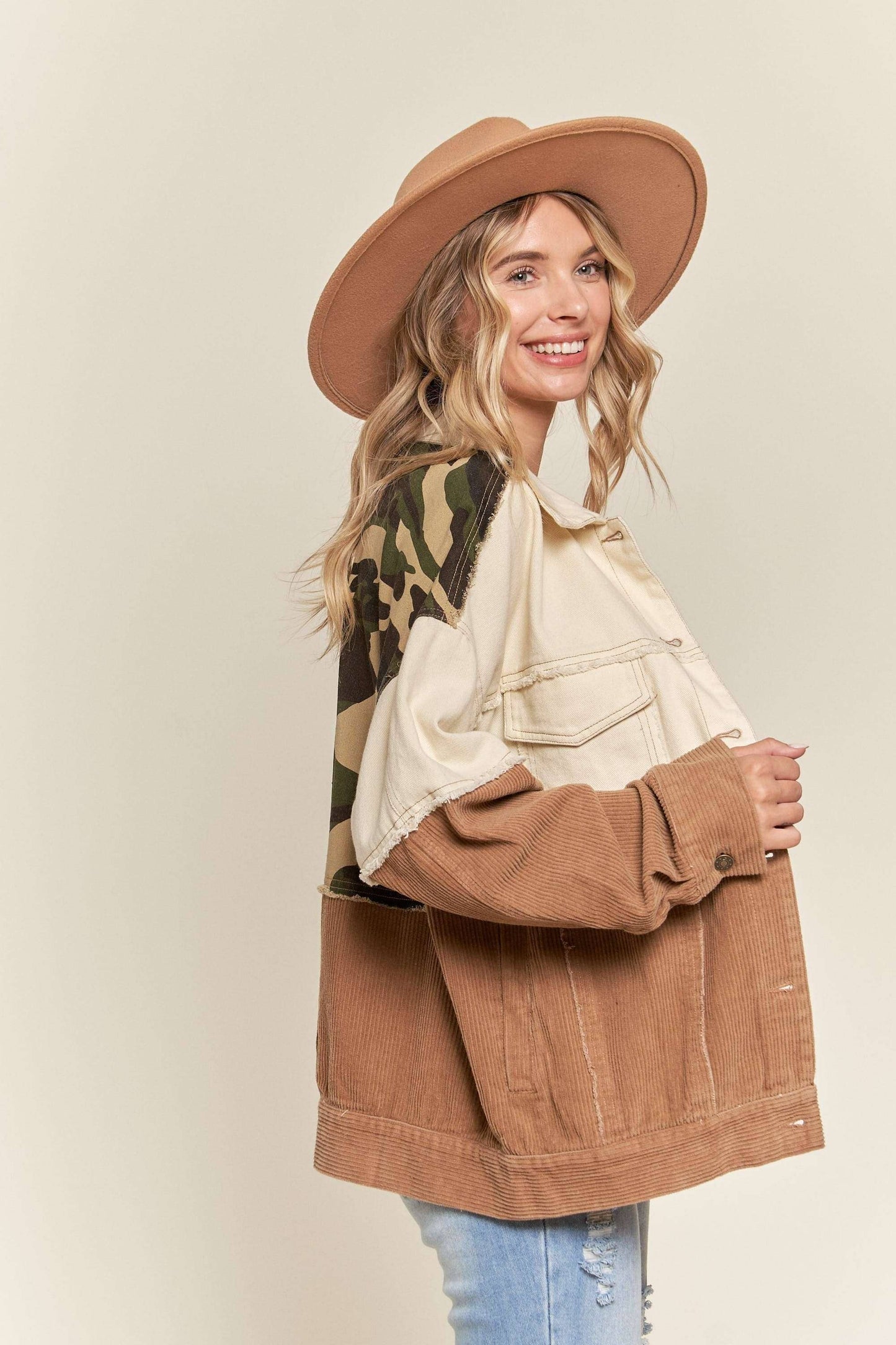 NOT YOUR HUSBAND'S BUTTON DOWN JACKET WITH CAMO ACCENT
