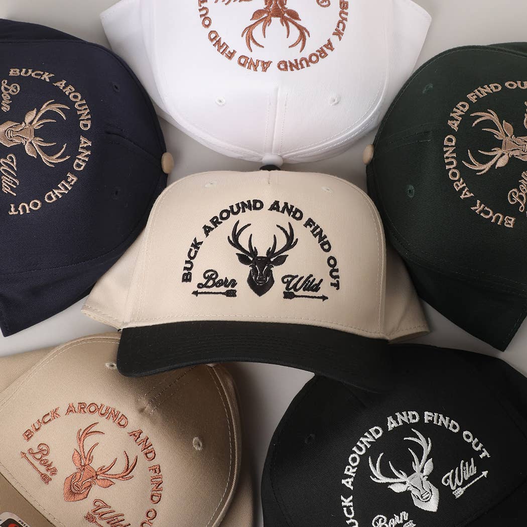 BUCK AROUND AND FIND OUT EMBROIDERED TRUCKER HAT