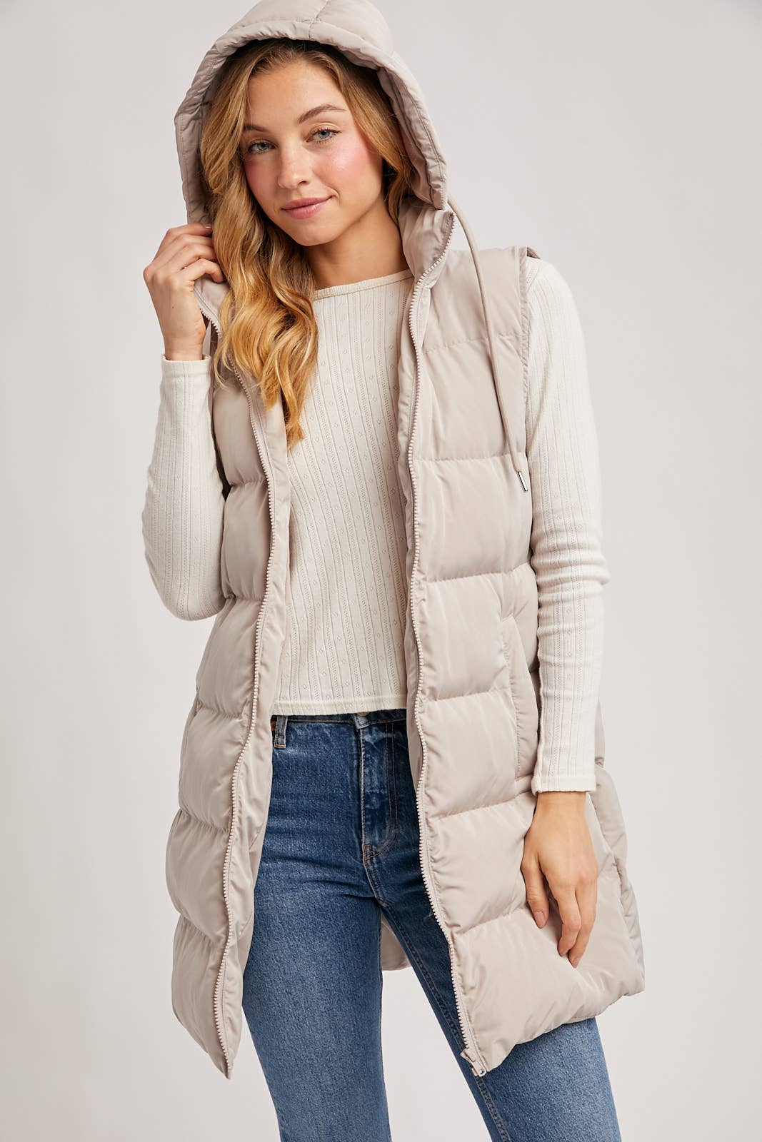 BLACK OR BEIGE HOODED ZIPPER DOWN LONGLINE PUFFER VEST