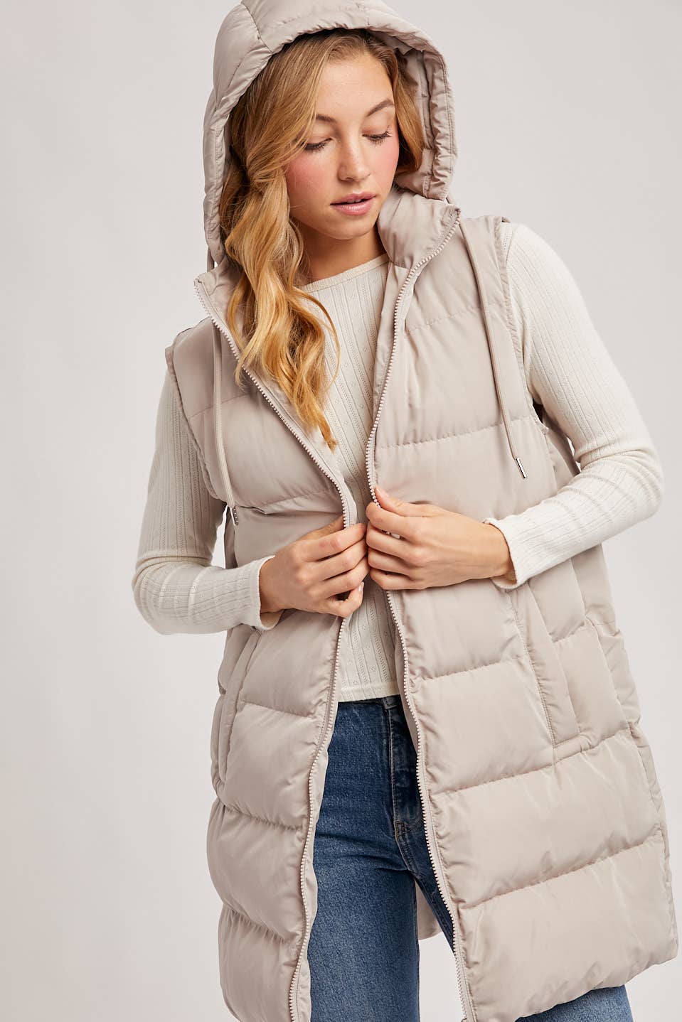 BLACK OR BEIGE HOODED ZIPPER DOWN LONGLINE PUFFER VEST