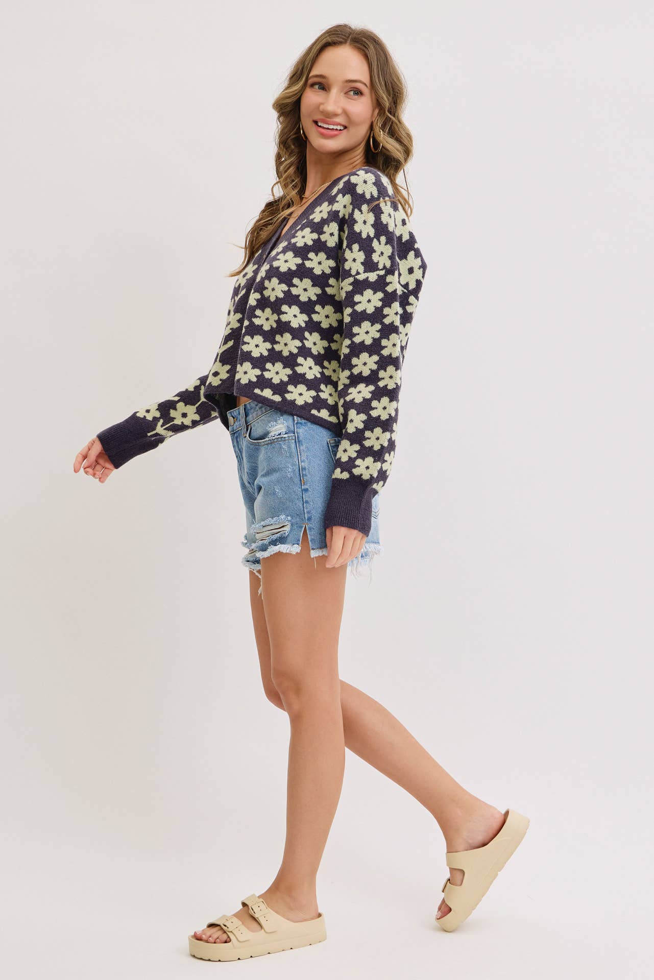 COZY PLAYFUL CASUAL FLORAL PRINT SWEATER KNIT CARDIGAN