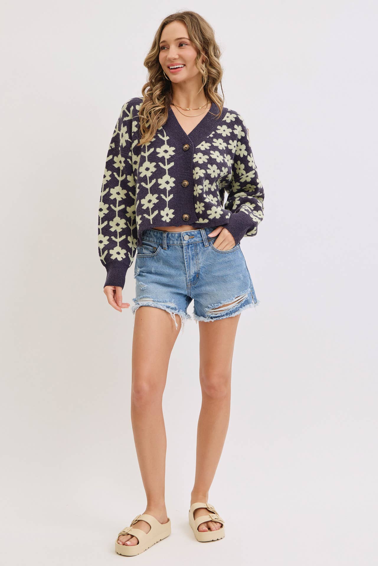 COZY PLAYFUL CASUAL FLORAL PRINT SWEATER KNIT CARDIGAN