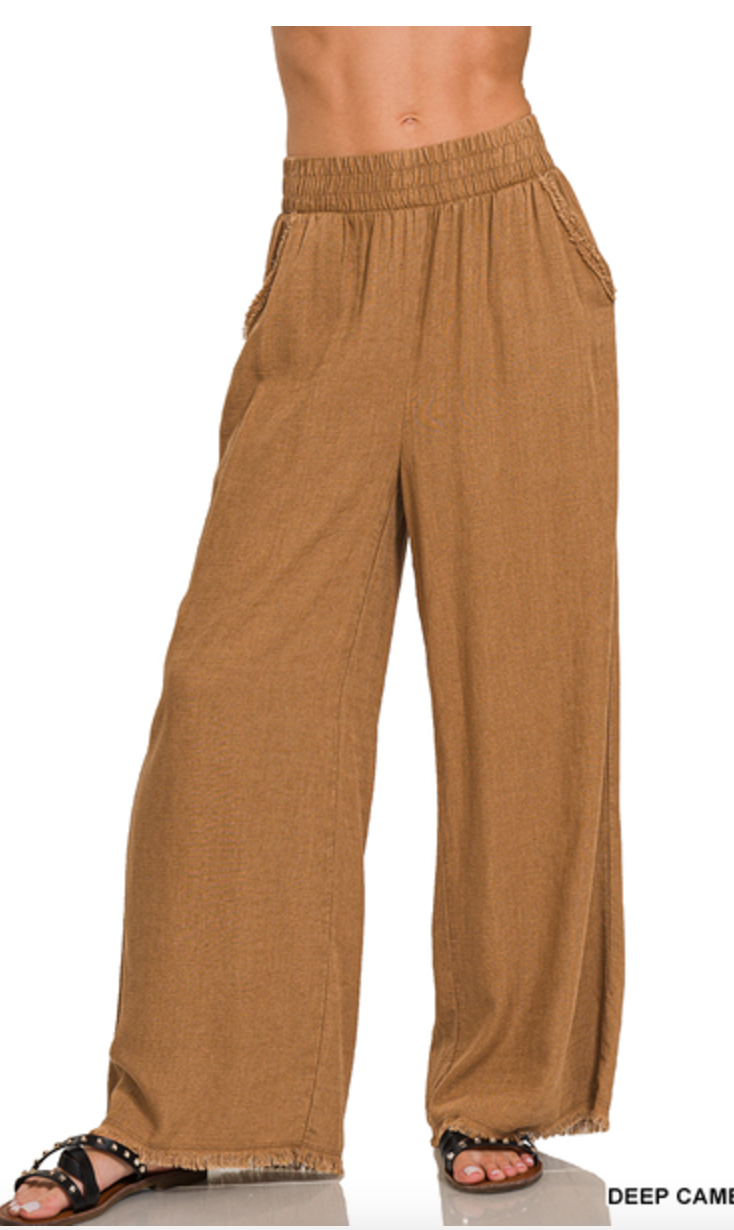 WASHED DOUBLE GAUZE FRAYED HEM ELASTIC BAND WAIST PANTS