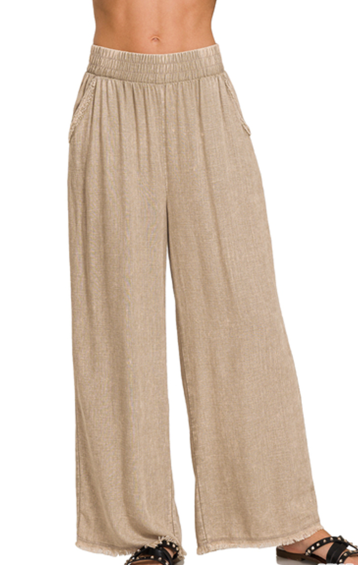 WASHED DOUBLE GAUZE FRAYED HEM ELASTIC BAND WAIST PANTS