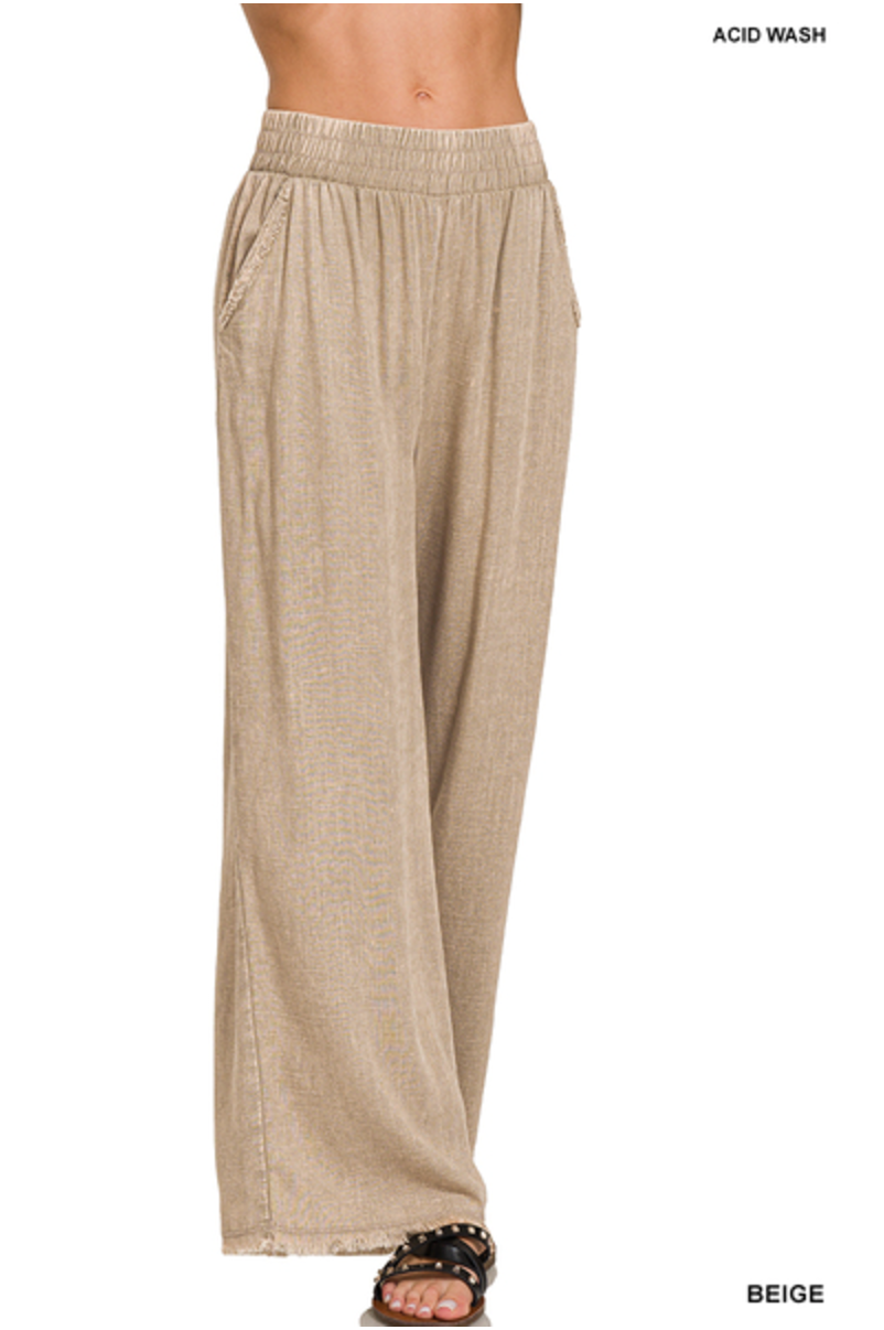 WASHED DOUBLE GAUZE FRAYED HEM ELASTIC BAND WAIST PANTS