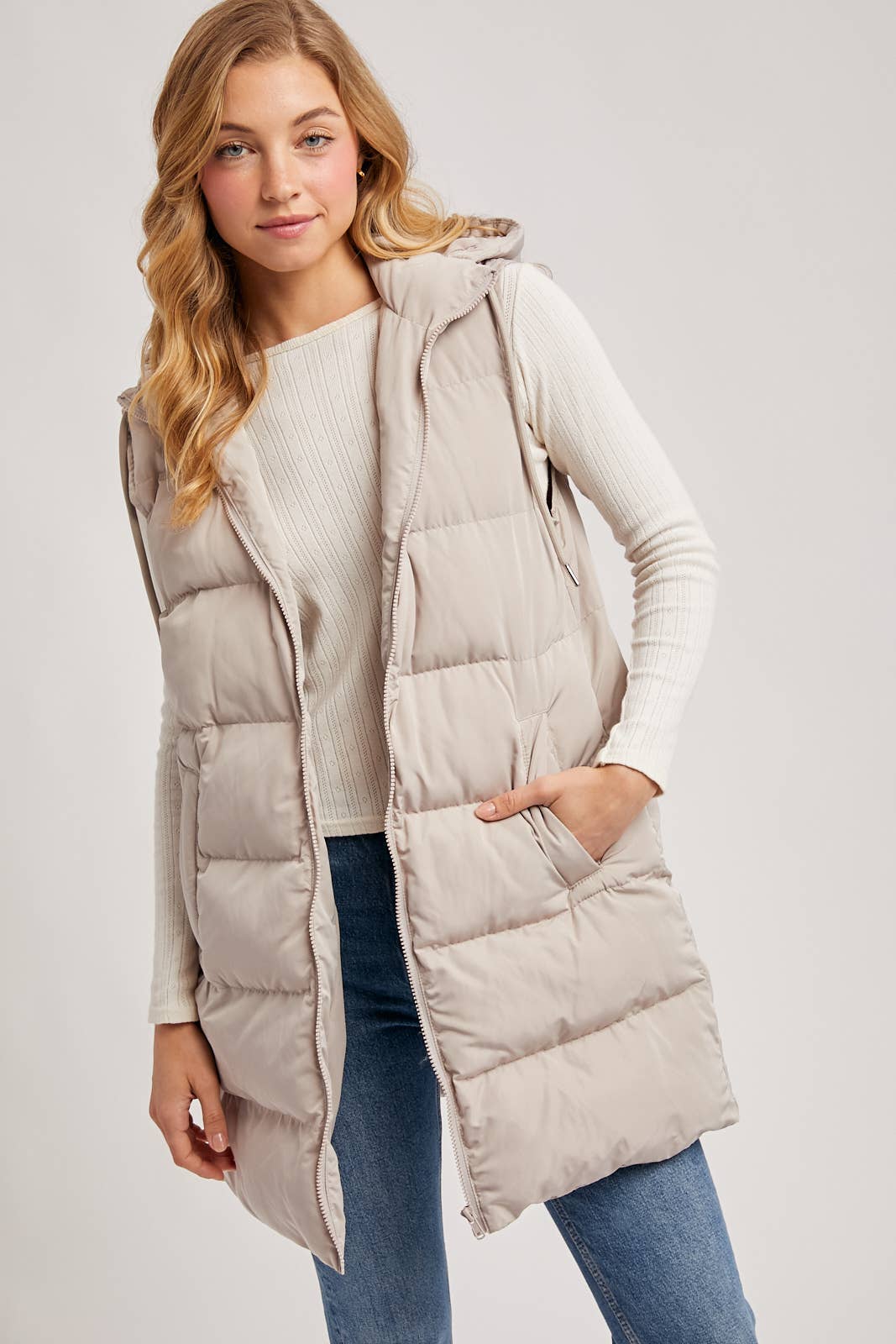 BLACK OR BEIGE HOODED ZIPPER DOWN LONGLINE PUFFER VEST