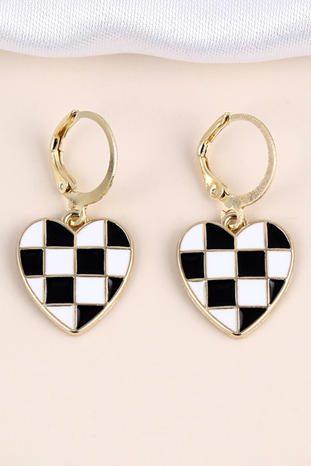 Little Daisy Closet - LDC Checkered Heart Shape Hoop Dangle Earrings: Black