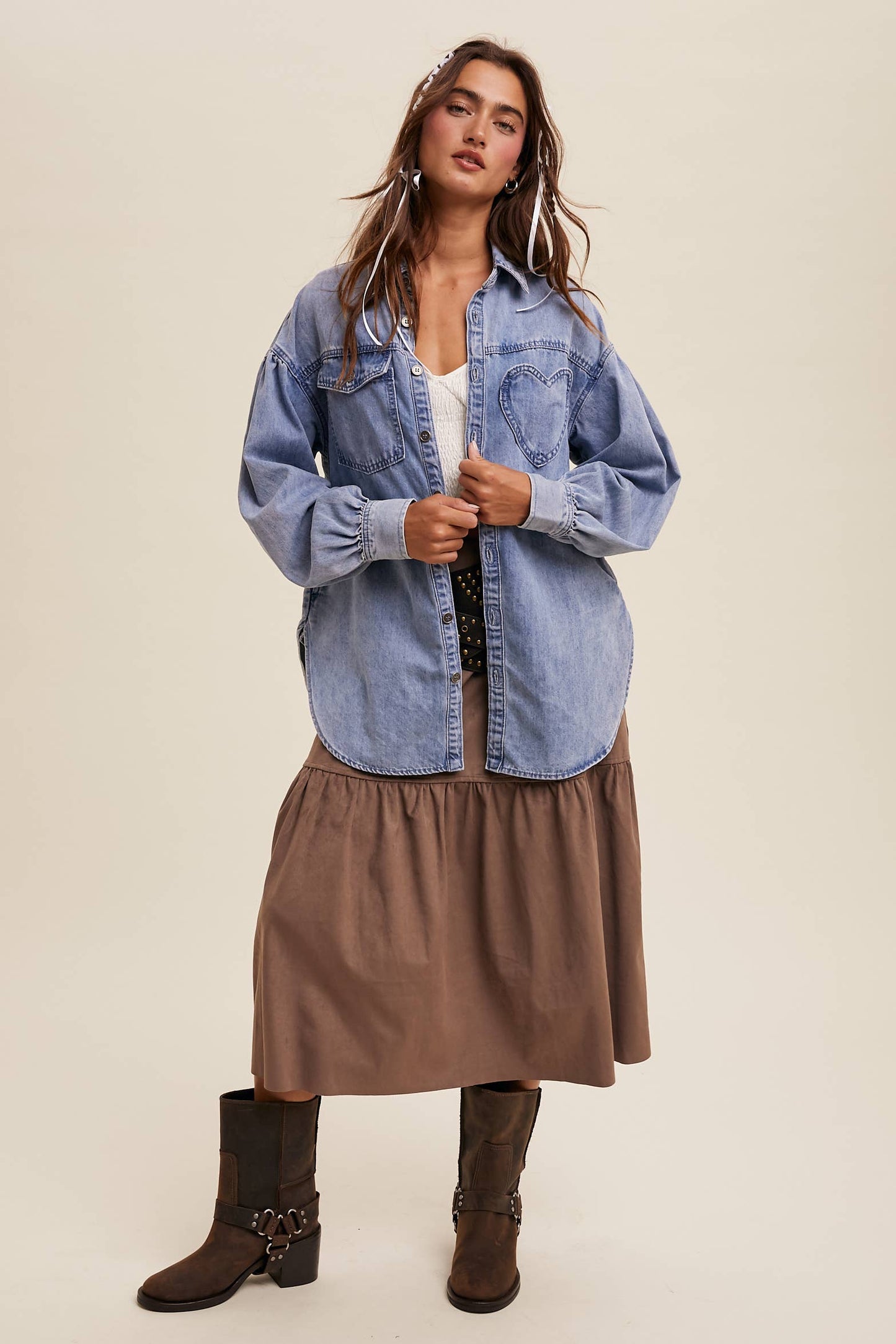 HEART DETAIL OVERSIZED DENIM SHIRT