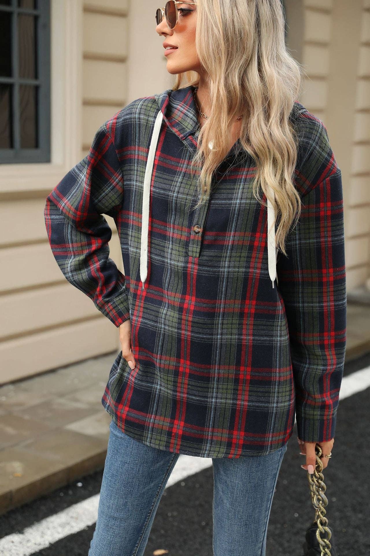 TARTAN LONG SLEEVE HOODED BUTTON TOP