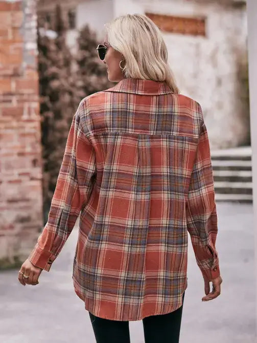 COFFEE CASUAL OVERSIZED LOOSE PLAID FLANNEL