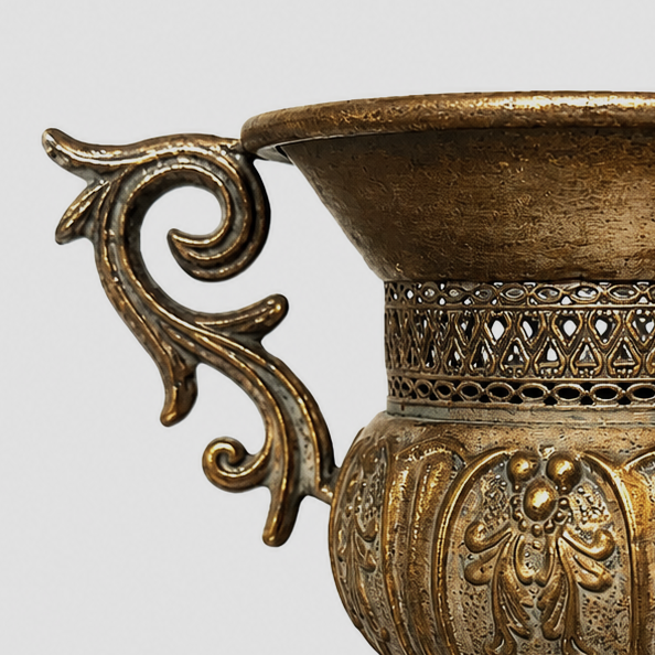 Vagabond Vintage - Distressed Pedestal Urn Planter with Ornate Scroll Handles