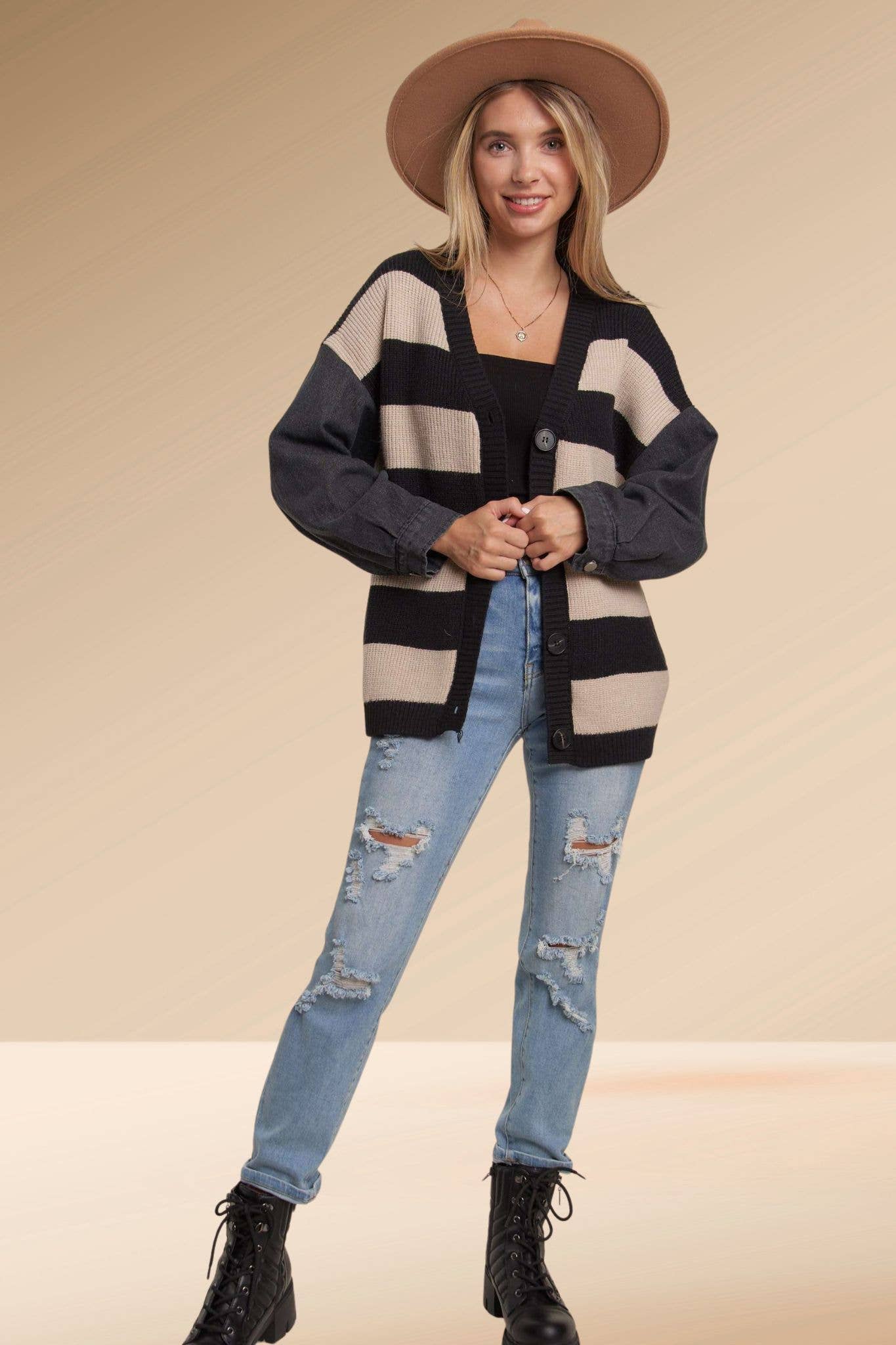 DENIM SLEEVE BLACK STRIPE SWEATER CARDIGAN