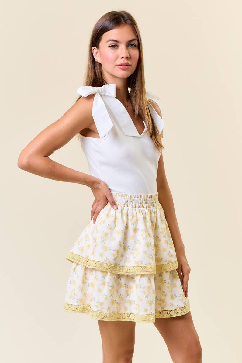 Floral Puff Printed Layered Lace Mini Skirt