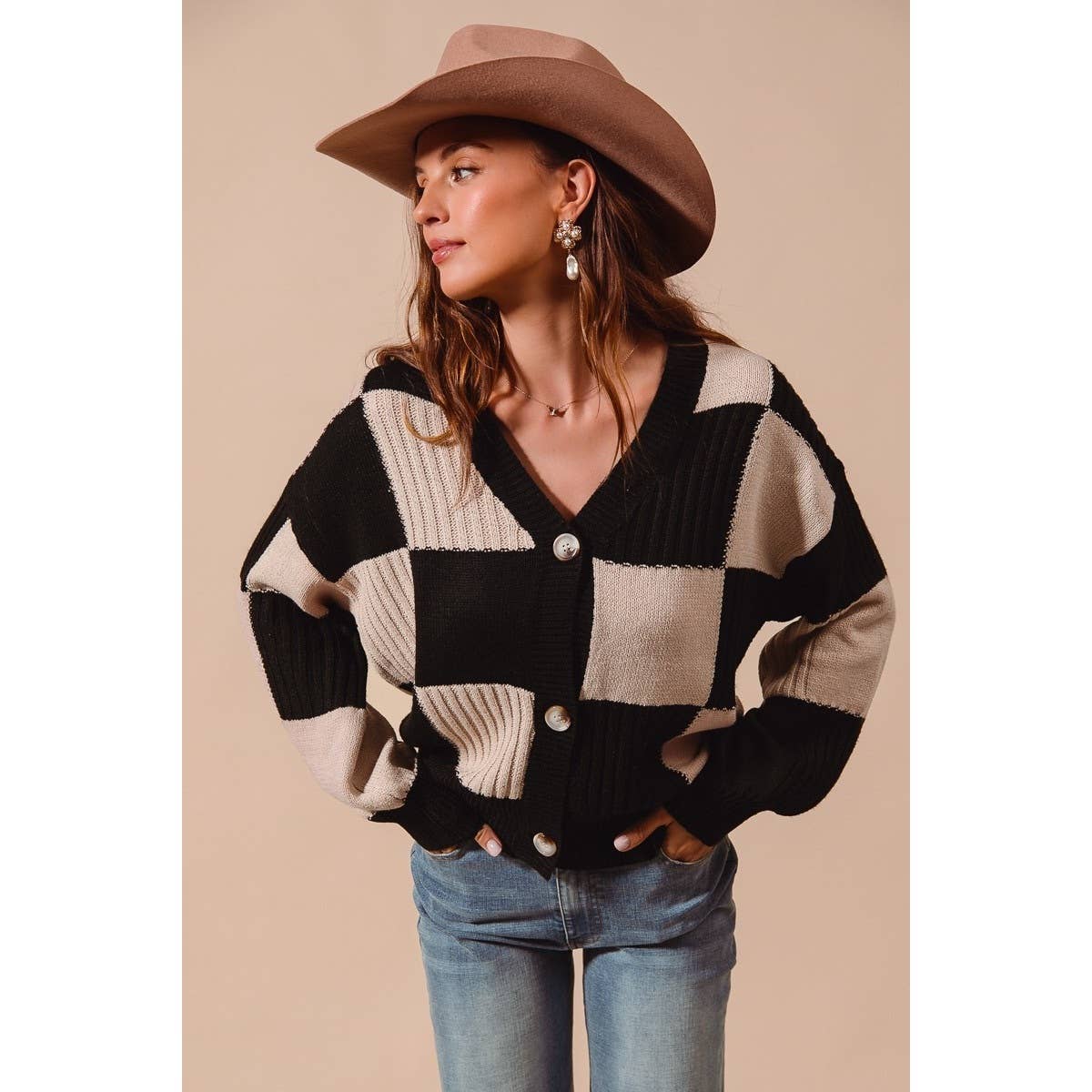 CHECKERED BUTTON FRONT TEXTURED SWEATER CARDIGAN OATMEAL +BLACK