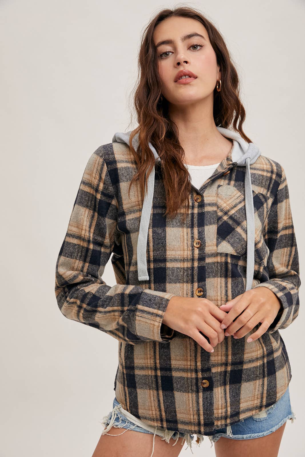 HOODED FLANNEL BUTTON FRONT SHIRT JACKET