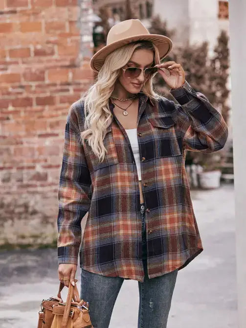 KHAKI COFFEE CASUAL OVERSIZED LOOSE PLAID FLANNEL