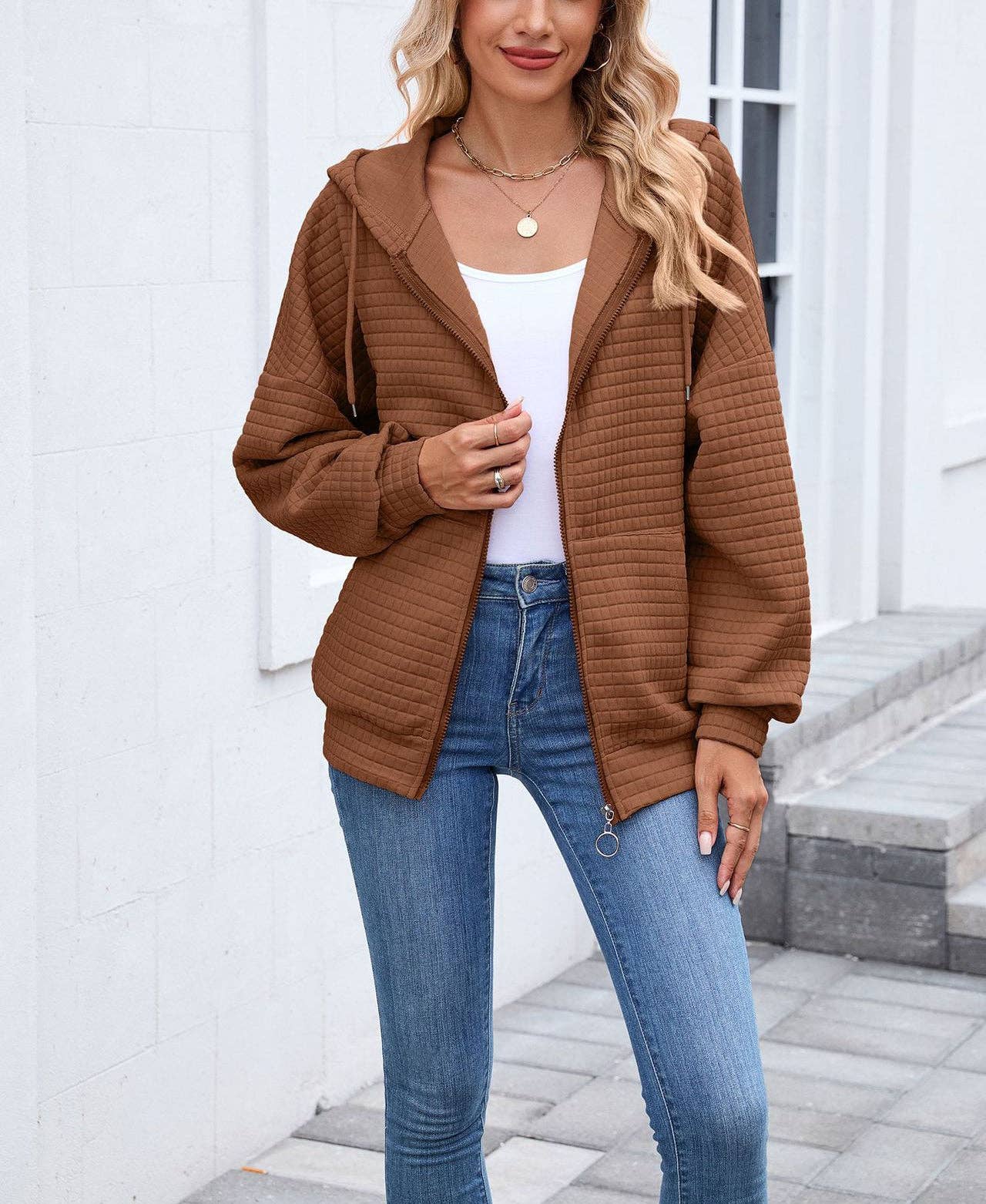 QUILTED ZIP UP HOODIE JACKET