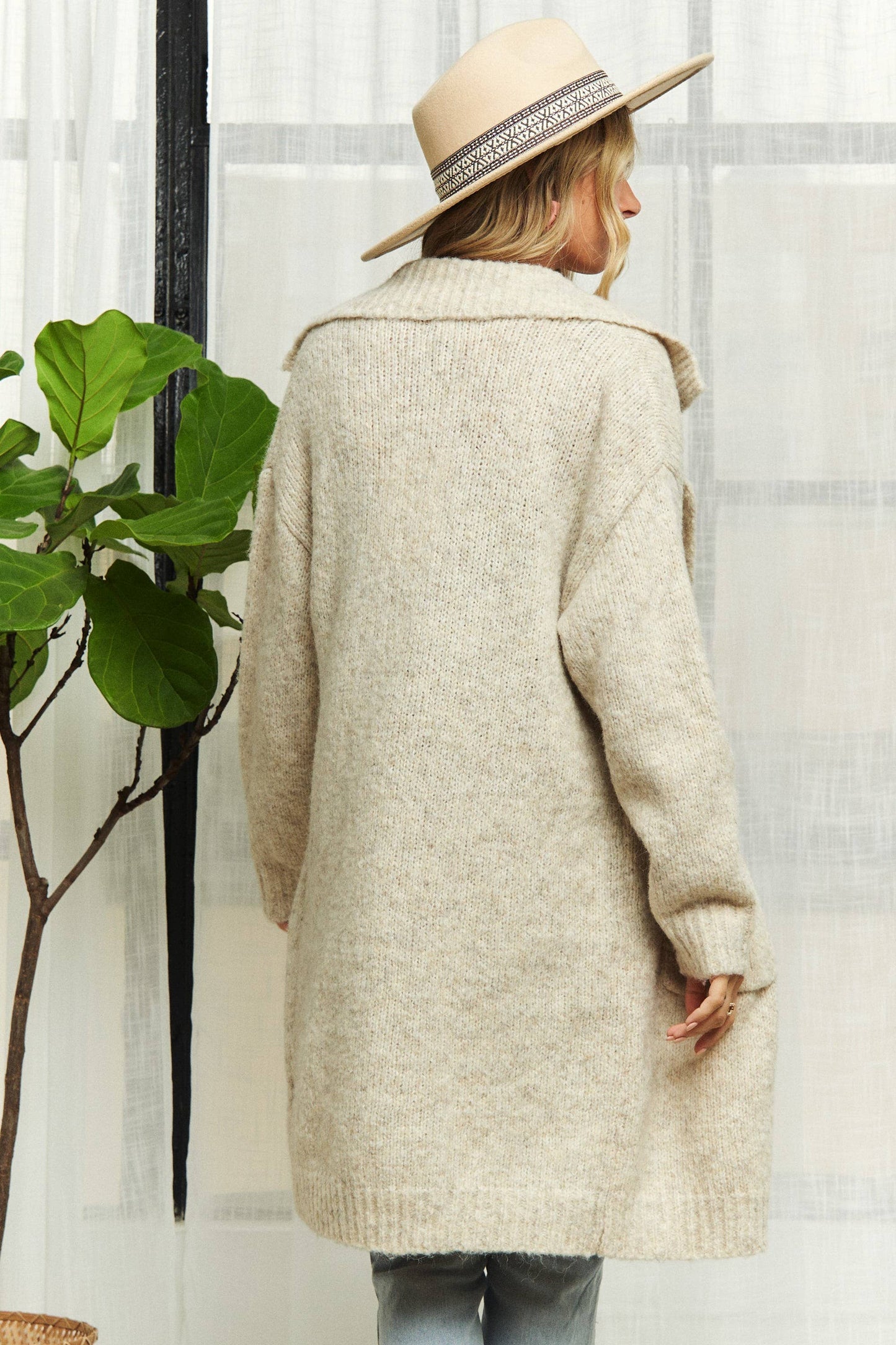 OATMEAL LONG SLEEVE SWEATER POCKET CARDIGAN