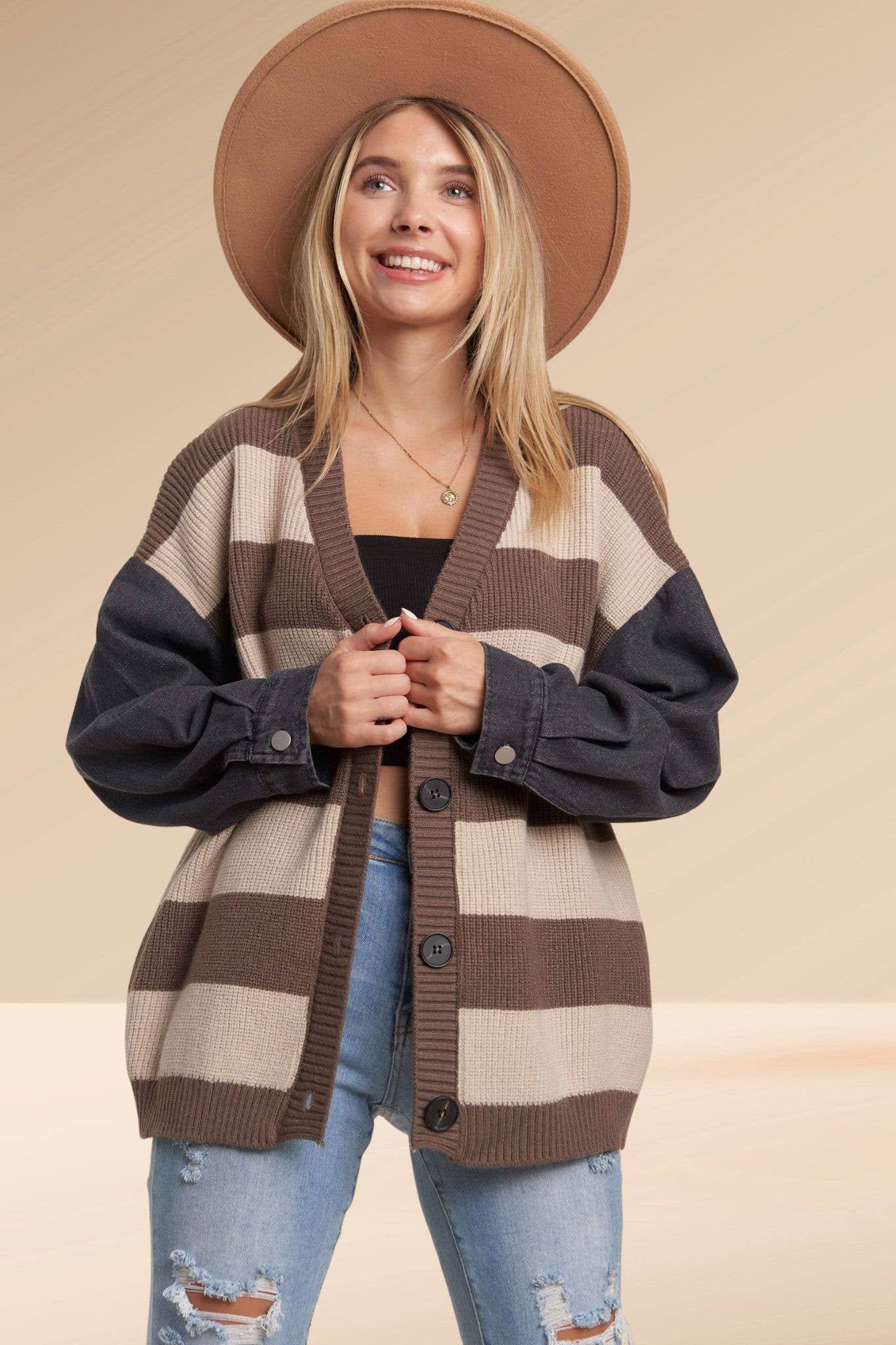 DENIM SLEEVE STRIPE SWEATER CARDIGAN